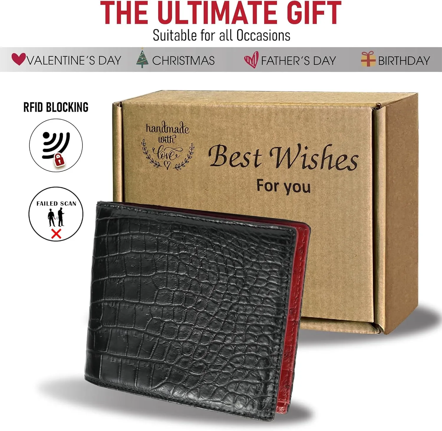 HATA Men Leather Wallet Croc RFID Blocking Front Pocket AIIigator Handmade Gift For Birthday Wedding Anniversary Father's Day