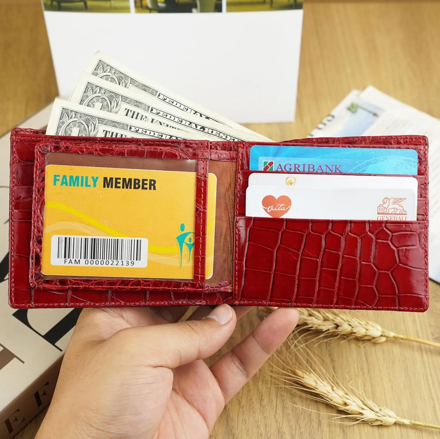 HATA Men Leather Wallet Croc RFID Blocking Front Pocket AIIigator Handmade Gift For Birthday Wedding Anniversary Father's Day