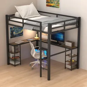 Heavy Duty Metal Full Size Loft Bed with Desk and Shelves, Loft Bed with Ladder and Guardrails, Loft Bed Frame for Bedroom, Black with Vintage Wood-Colored Desk and Open Storage Shelves