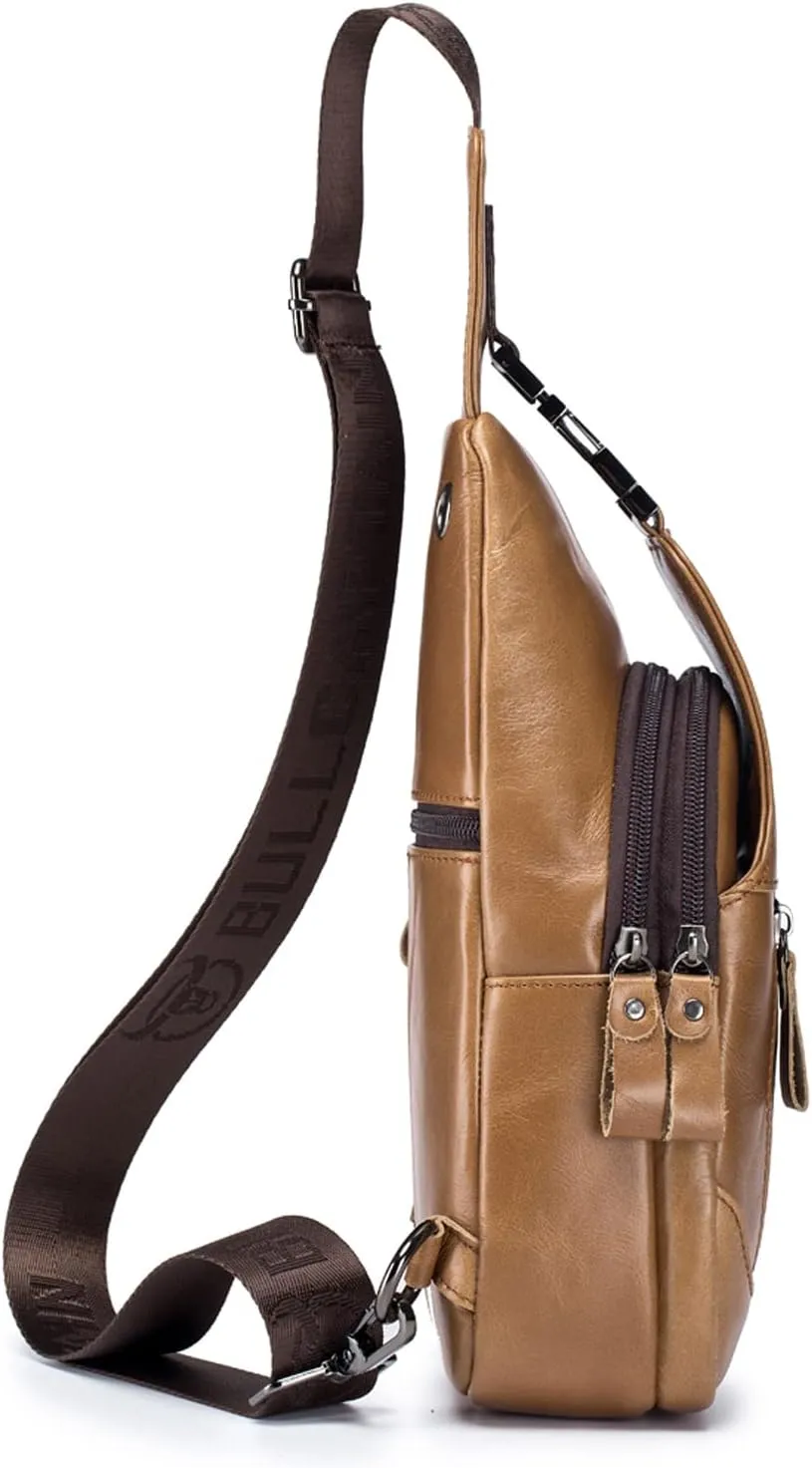 Hebetag Leather Sling Chest Bag Crossbody Backpack for Men Women Outdoor Travel Camping Hiking Shoulder Day Pack Casual Daypack, Yellow Brown