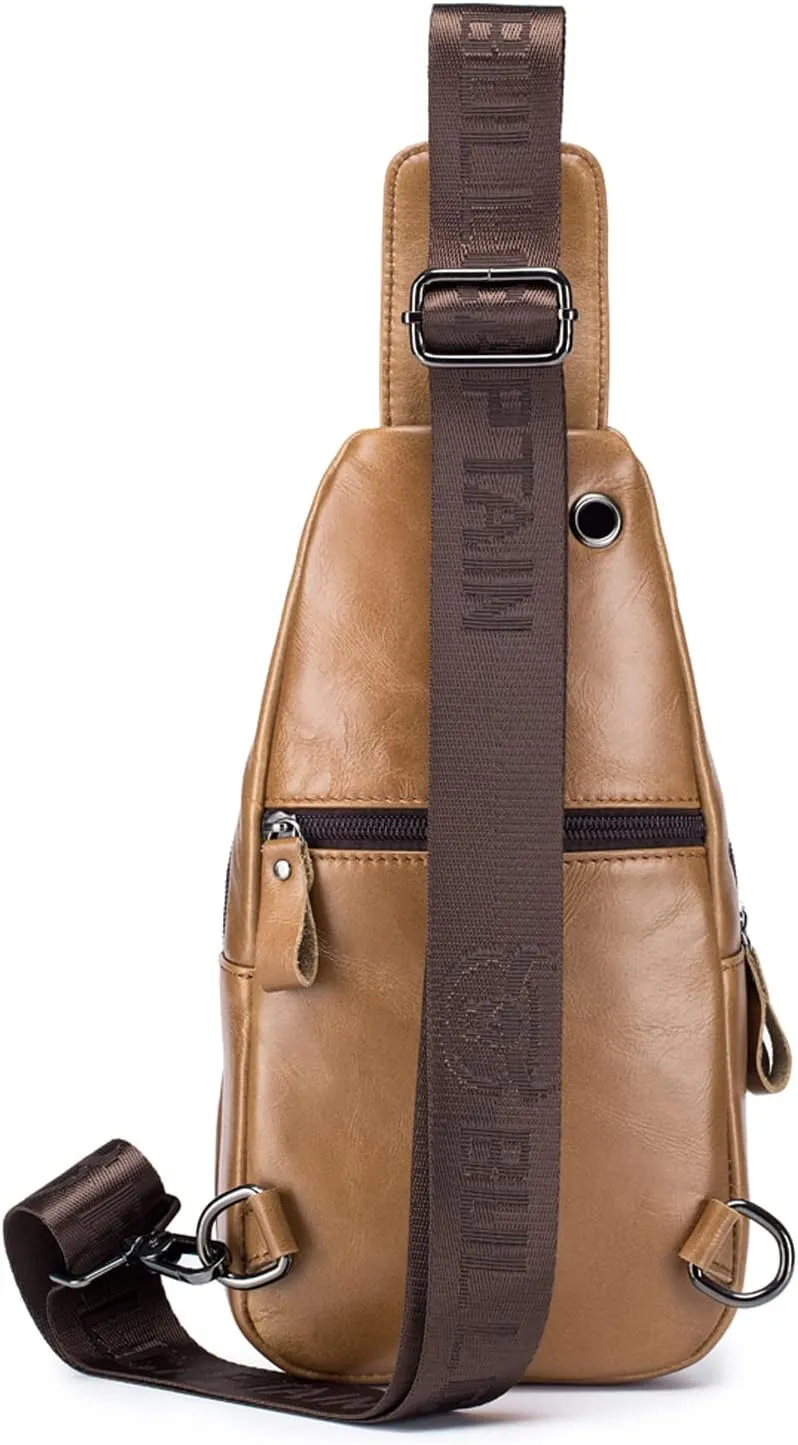 Hebetag Leather Sling Chest Bag Crossbody Backpack for Men Women Outdoor Travel Camping Hiking Shoulder Day Pack Casual Daypack, Yellow Brown