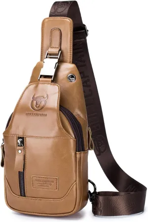 Hebetag Leather Sling Chest Bag Crossbody Backpack for Men Women Outdoor Travel Camping Hiking Shoulder Day Pack Casual Daypack, Yellow Brown