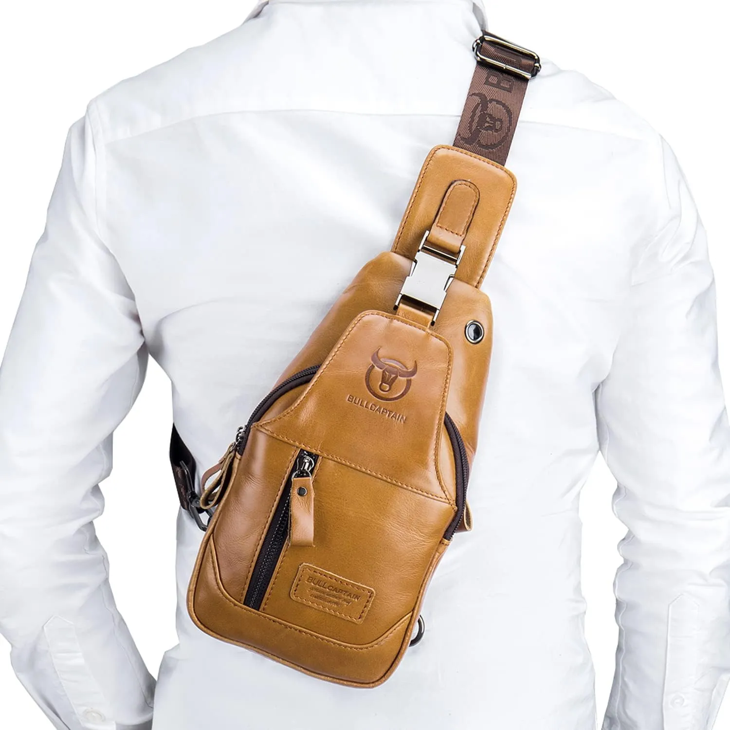 Hebetag Leather Sling Chest Bag Crossbody Backpack for Men Women Outdoor Travel Camping Hiking Shoulder Day Pack Casual Daypack, Yellow Brown