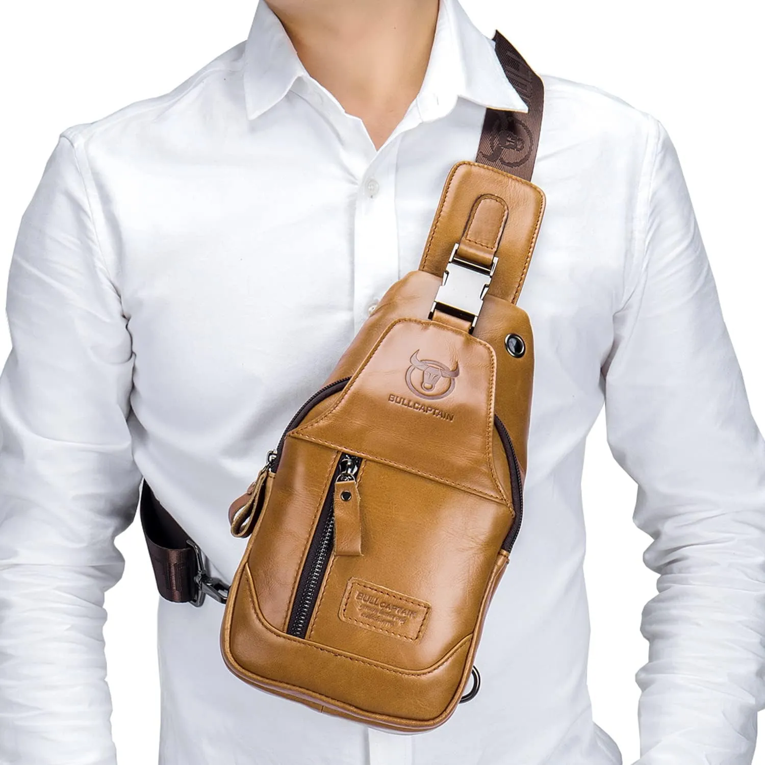 Hebetag Leather Sling Chest Bag Crossbody Backpack for Men Women Outdoor Travel Camping Hiking Shoulder Day Pack Casual Daypack, Yellow Brown