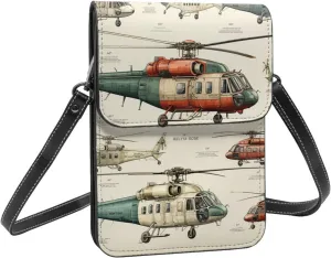 Helicopters aviation aircraft cartoon vintage crossbody cell phone purse for womens lightweight small soft leather fashion travel wallet with adjustable strap