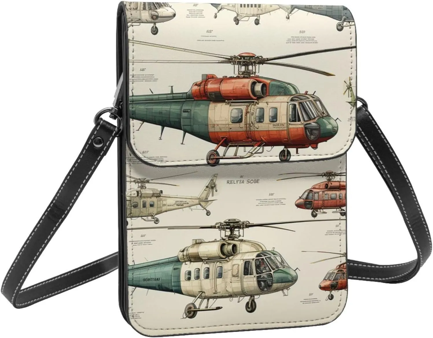 Helicopters aviation aircraft cartoon vintage crossbody cell phone purse for womens lightweight small soft leather fashion travel wallet with adjustable strap