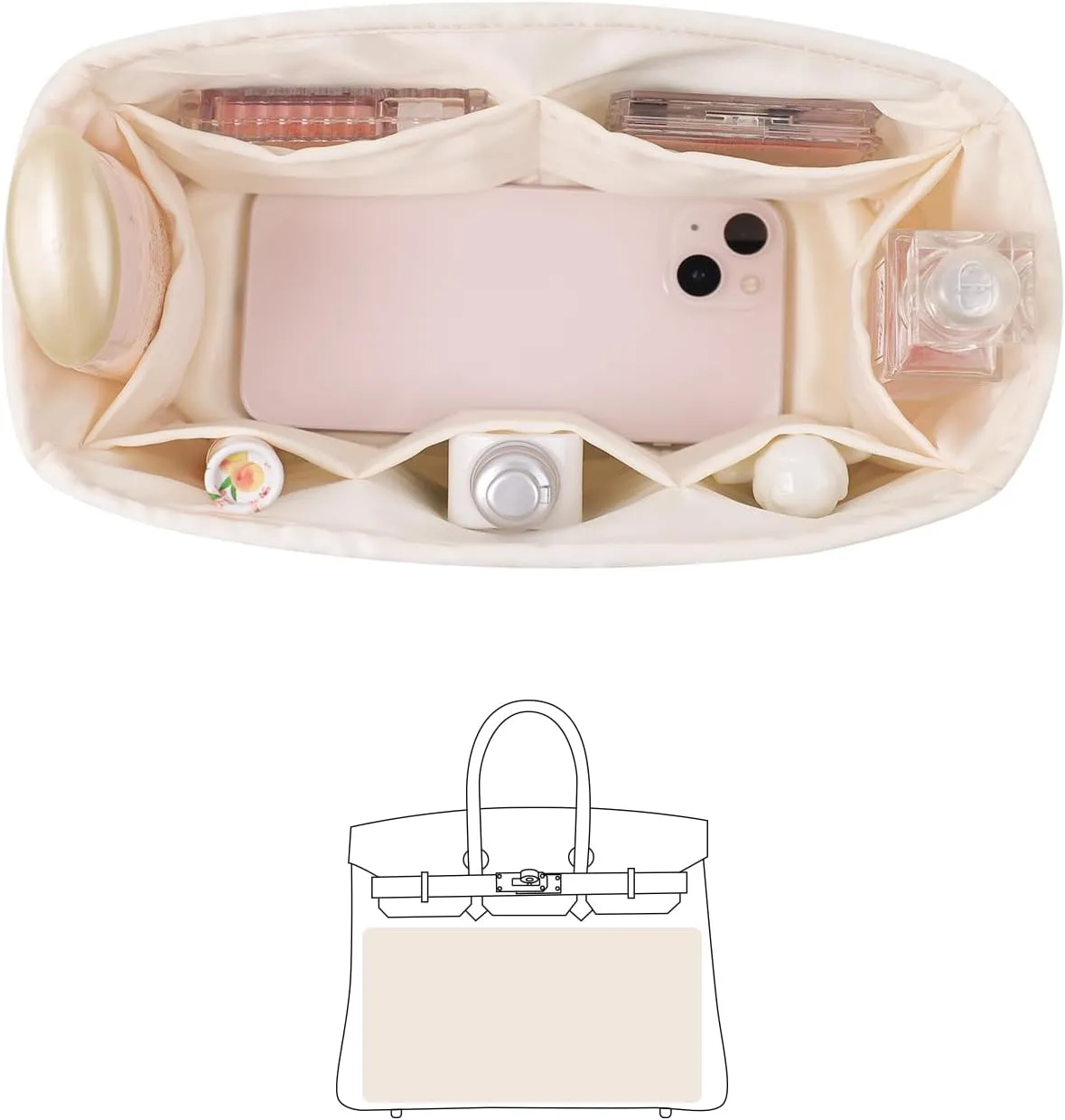 Hermes Bags Organizer Insert - Luxury Bags Storage with Silk, Fits Birkin 30, Lightweight Shaper with Multiple Pockets for Daily Use (Craie, Birkin30)