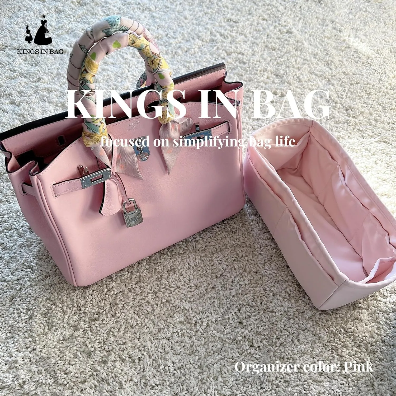 Hermes Bags Organizer Insert - Luxury Bags Storage with Silk, Fits Birkin 30, Lightweight Shaper with Multiple Pockets for Daily Use (Pink)