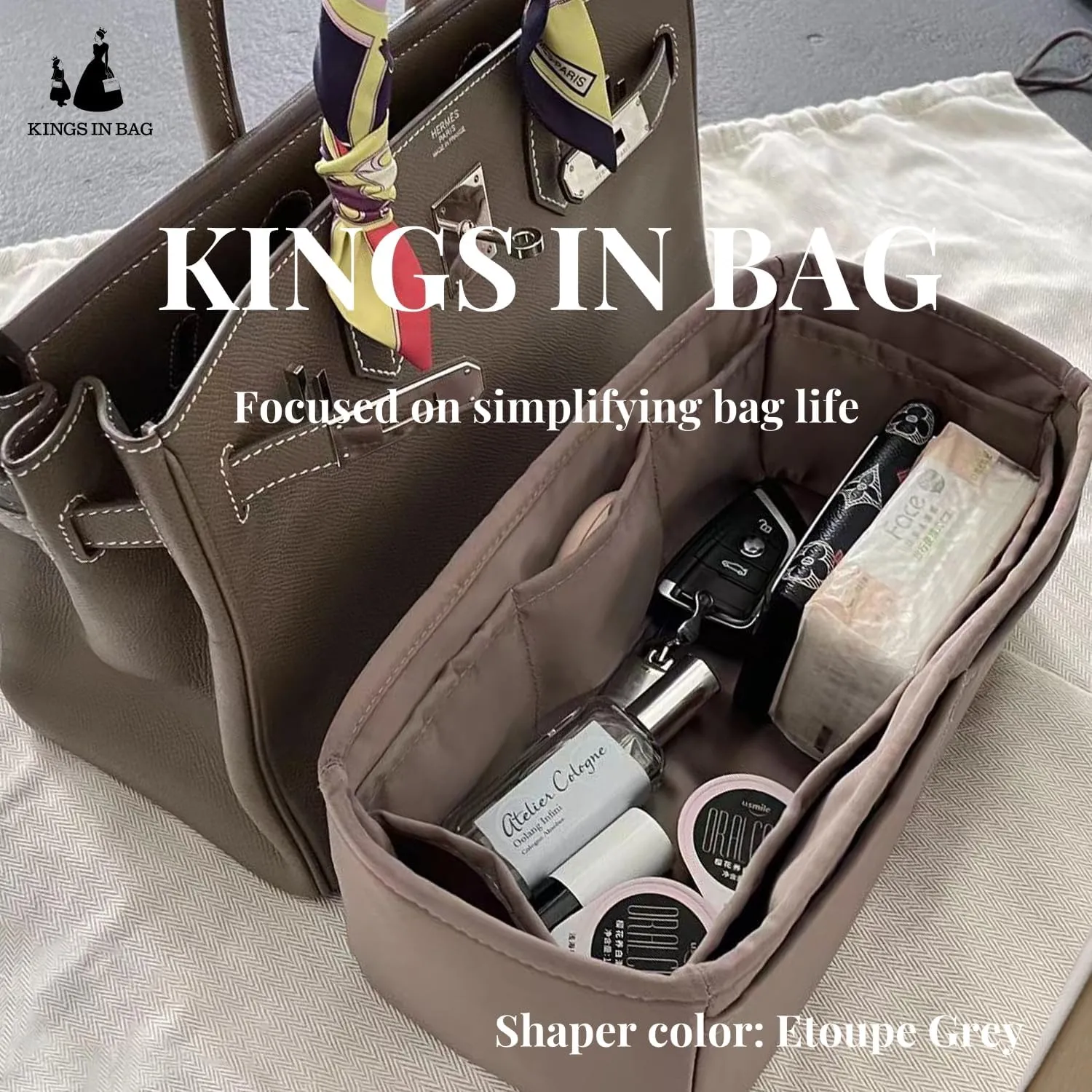 Hermes Bags Organizer Insert - Luxury Bags Storage with Silk, Fits Birkin 35, Lightweight Shaper with Multiple Pockets for Daily Use (Etoupe Grey, Birkin 35)