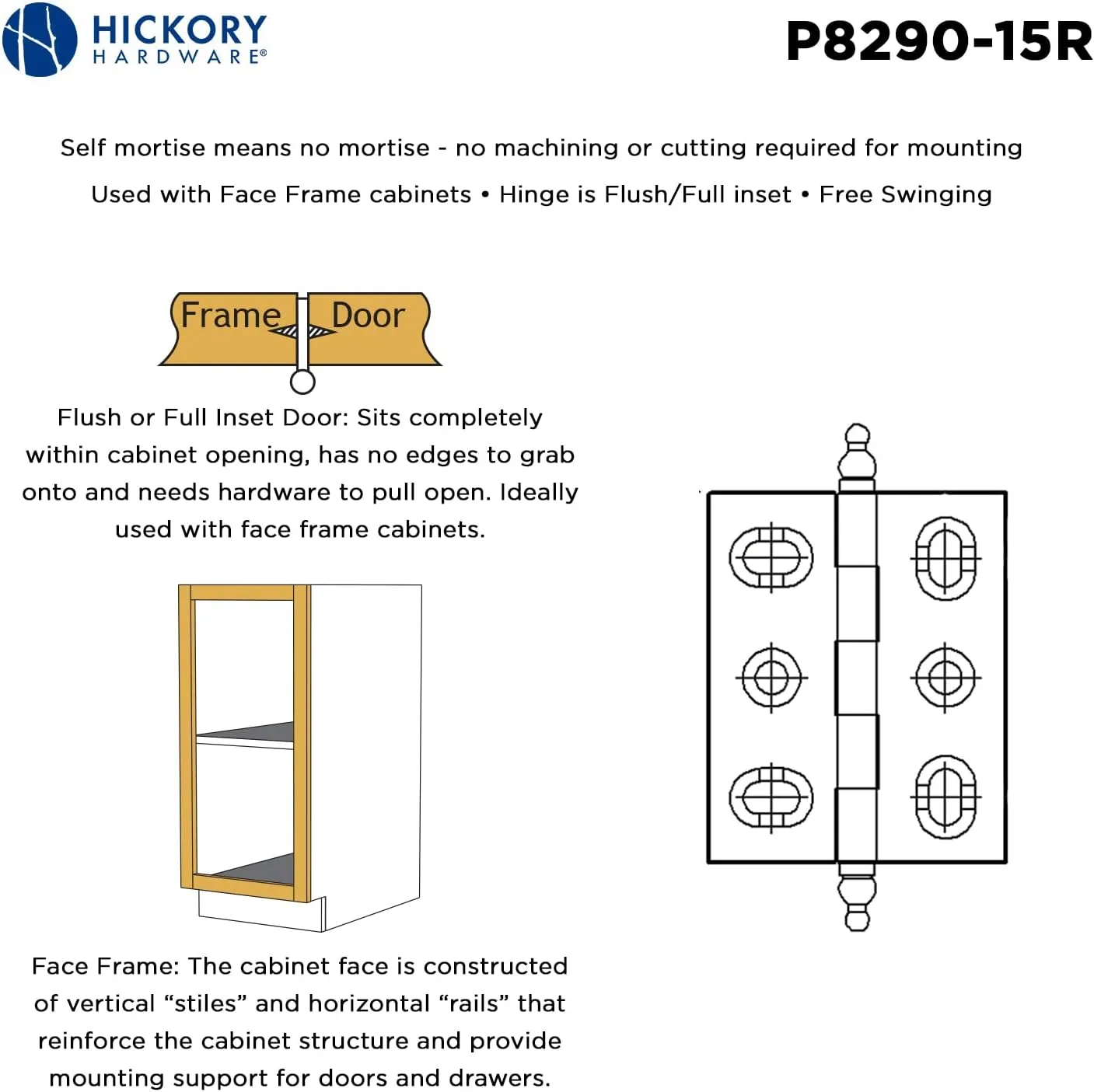 Hickory Hardware P8290-15R Mortise Hinge Collection Flush/Full Inset for Face Frame Cabinets - Easy Installation, Free Swinging Self-Closing Hinge - Wellington Bronze Finish - Pack of 1 Pair