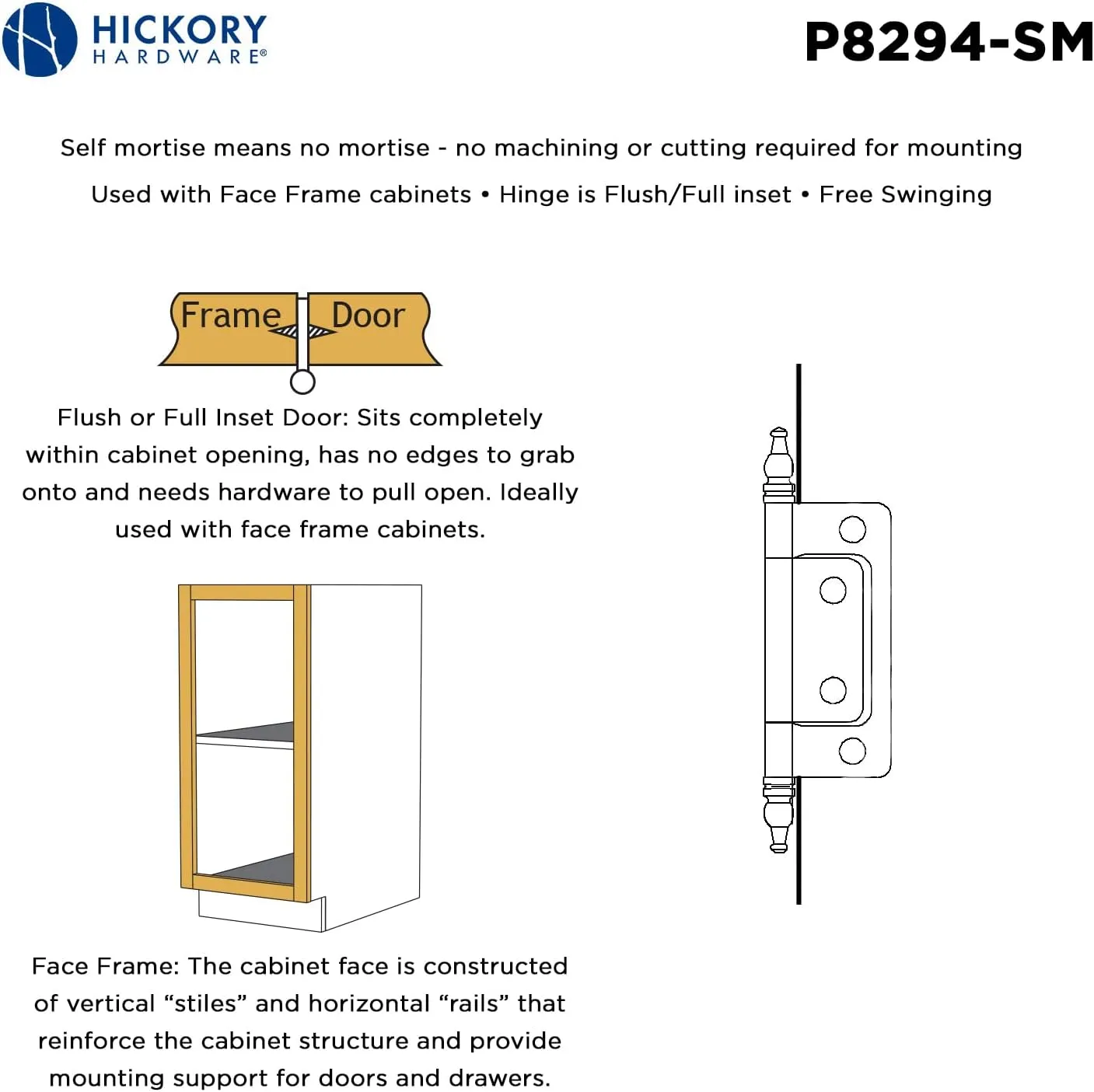 Hickory Hardware P8294-SM-10B Self Mortise Collection Flush/Full Inset Hinges for Face Frame Cabinets - Easy Installation, Free Swinging Self-Closing Hinge - Silver Medallion Finish, Pack of 10 Pairs