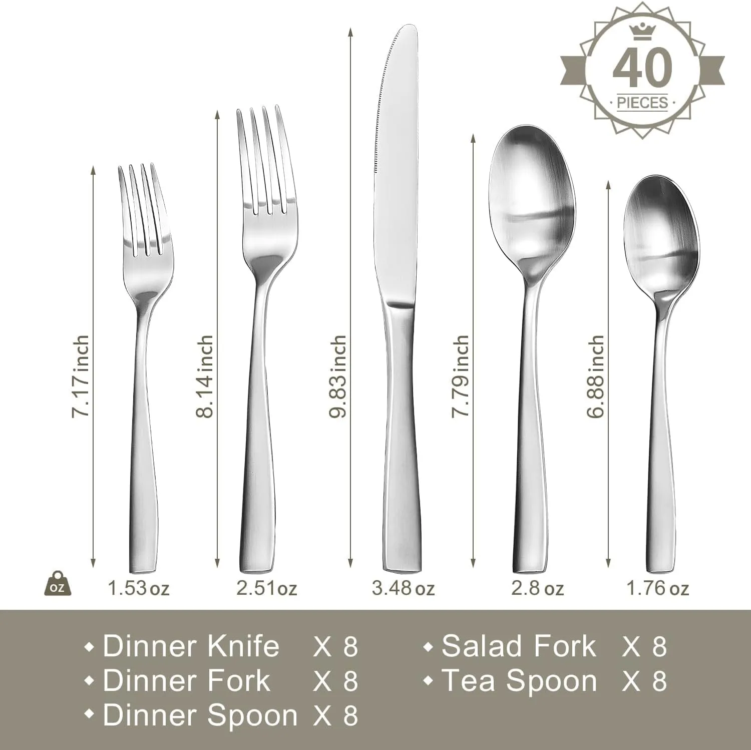 HIKAA 40PCS Extra Thickness Satin Loft Heavy Duty Silverware Set Stainless Steel Flatware Set, Service for 8, Matte Satin Polished Cutlery Set, Dishwasher Safe