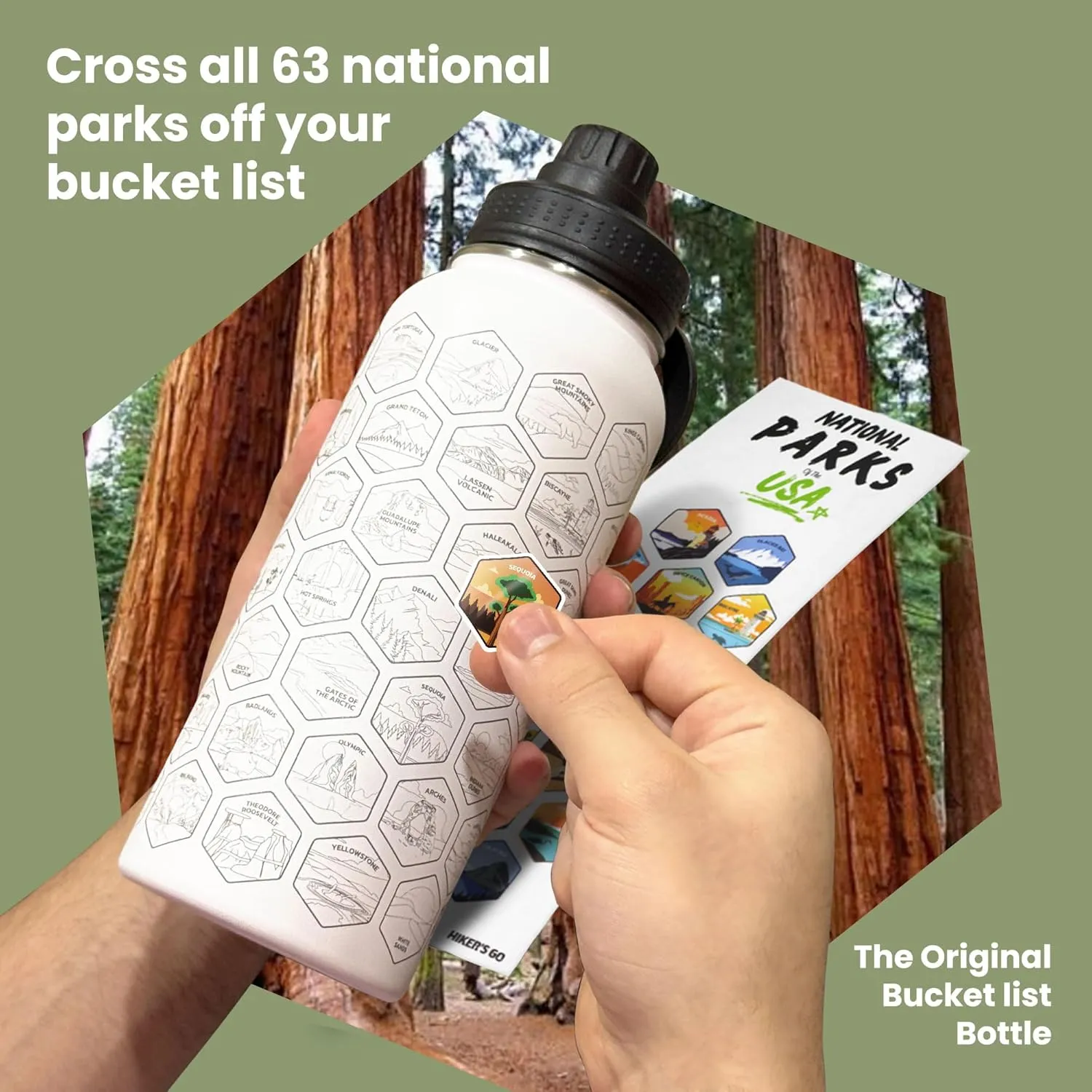 Hiker's Go National Parks Water Bottle – 32oz Insulated Stainless Steel with Magnetic Phone Holder Leakproof Lid & 63 Waterproof Stickers – Great for Hiking, Camping & Gift Giving