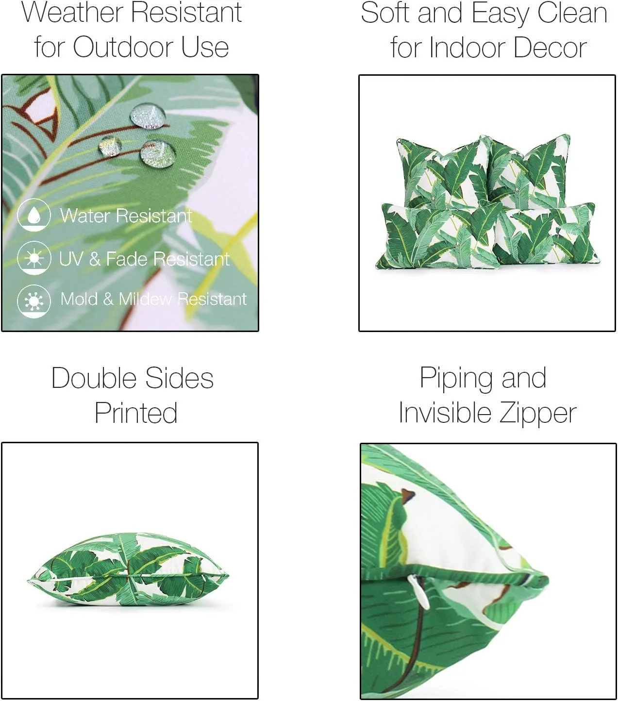 Hofdeco Tropical Indoor Outdoor Indoor Outdoor Pillow Cover ONLY, Water Resistant for Patio Lounge Sofa, Green Banana Leaf, 18"x18", Set of 2