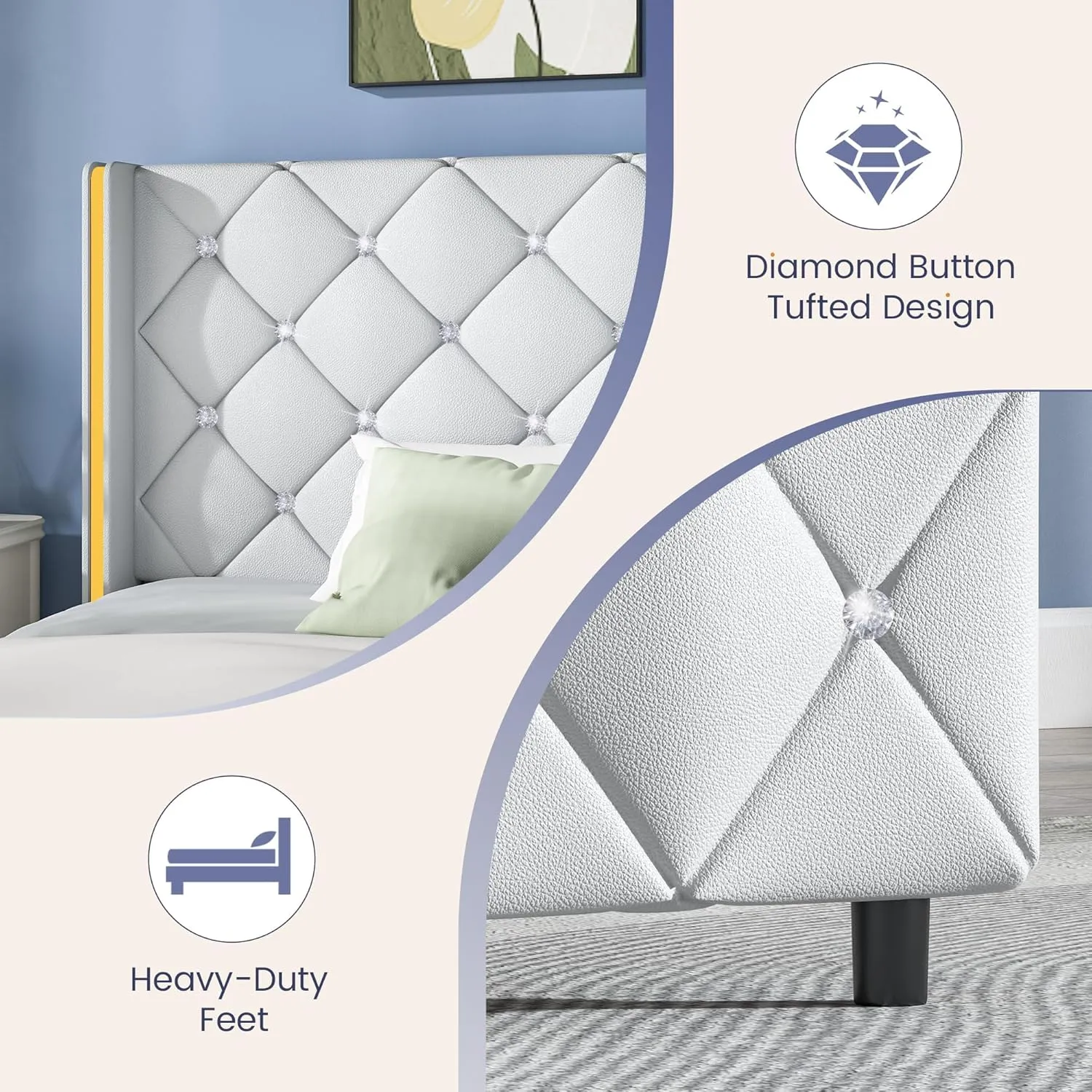 HOMBCK King Upholstered Bed Frame with Headboard, Faux Leather Platform Bed with Wingback Design, Modern Diamond Bed Frame with Tufted Deep Button, No Box Spring Needed, Easy Assembly, White