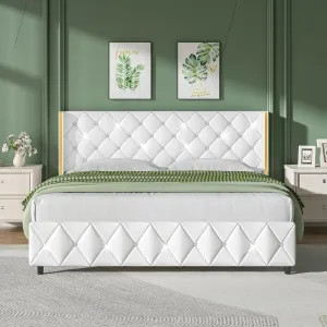HOMBCK King Upholstered Bed Frame with Headboard, Faux Leather Platform Bed with Wingback Design, Modern Diamond Bed Frame with Tufted Deep Button, No Box Spring Needed, Easy Assembly, White