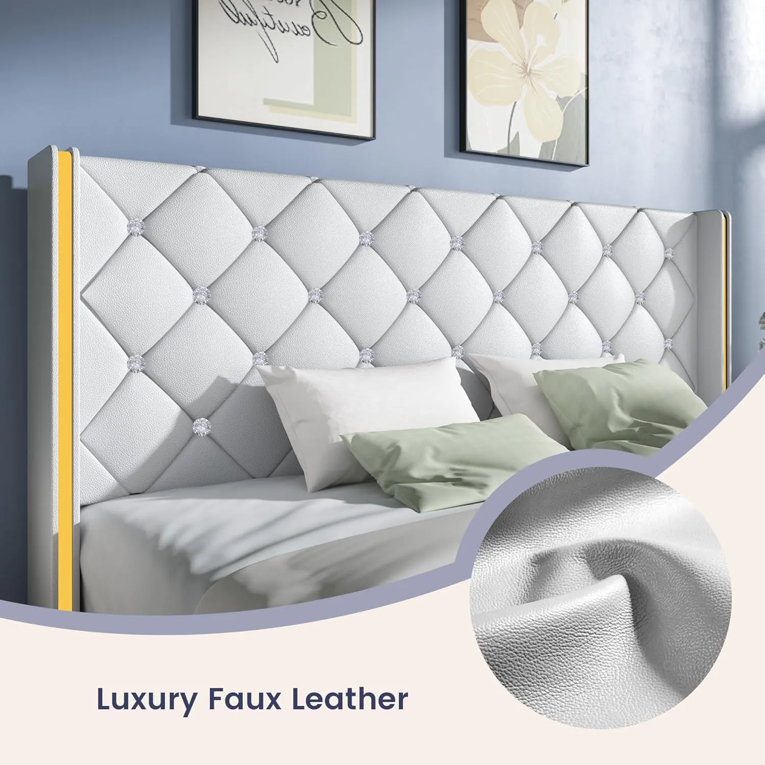 HOMBCK King Upholstered Bed Frame with Headboard, Faux Leather Platform Bed with Wingback Design, Modern Diamond Bed Frame with Tufted Deep Button, No Box Spring Needed, Easy Assembly, White