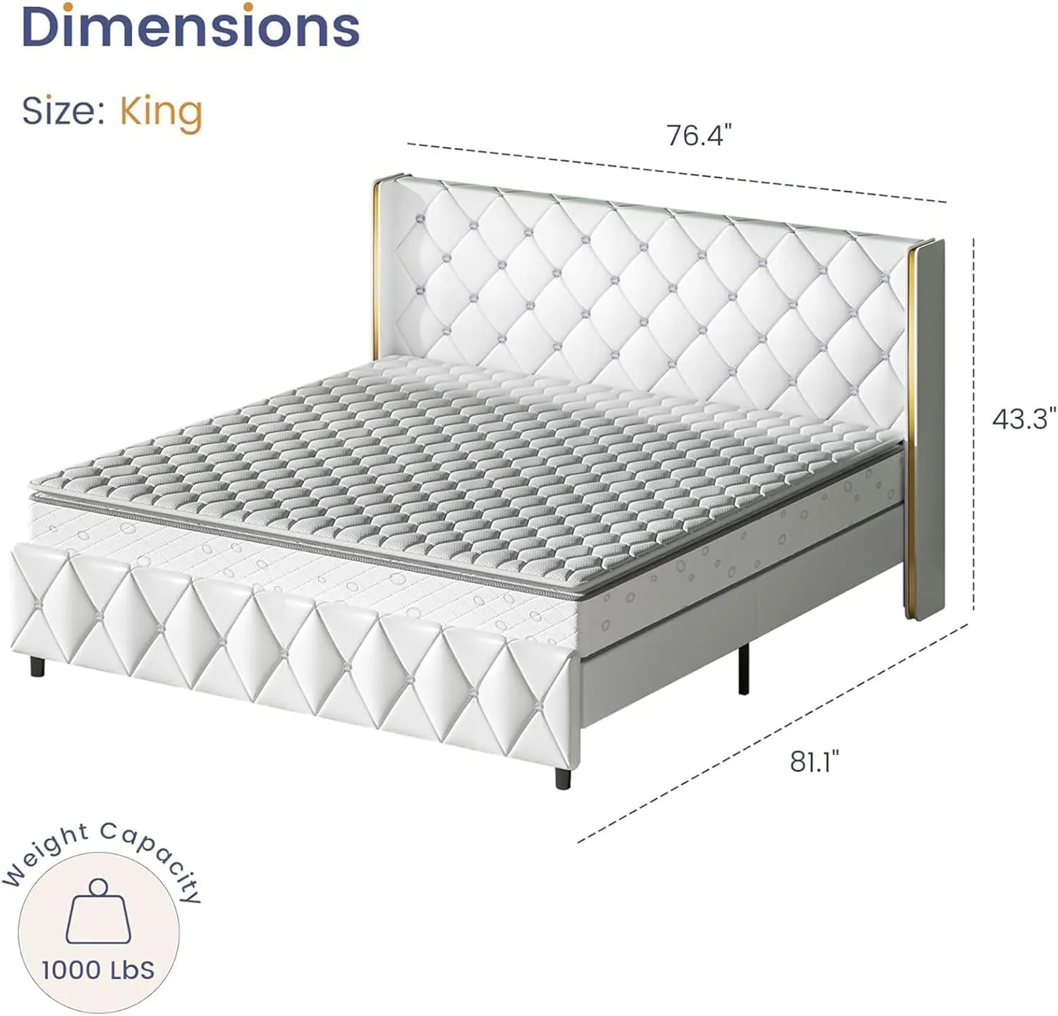HOMBCK King Upholstered Bed Frame with Headboard, Faux Leather Platform Bed with Wingback Design, Modern Diamond Bed Frame with Tufted Deep Button, No Box Spring Needed, Easy Assembly, White