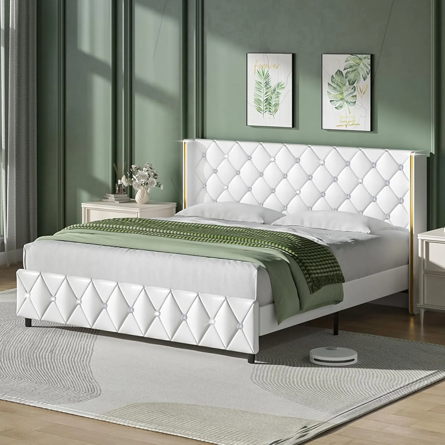 HOMBCK King Upholstered Bed Frame with Headboard, Faux Leather Platform Bed with Wingback Design, Modern Diamond Bed Frame with Tufted Deep Button, No Box Spring Needed, Easy Assembly, White