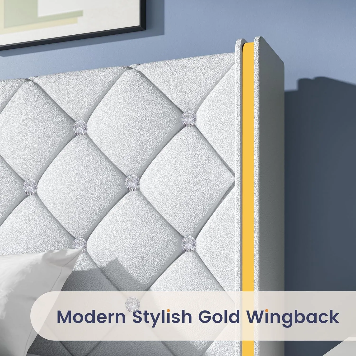 HOMBCK King Upholstered Bed Frame with Headboard, Faux Leather Platform Bed with Wingback Design, Modern Diamond Bed Frame with Tufted Deep Button, No Box Spring Needed, Easy Assembly, White