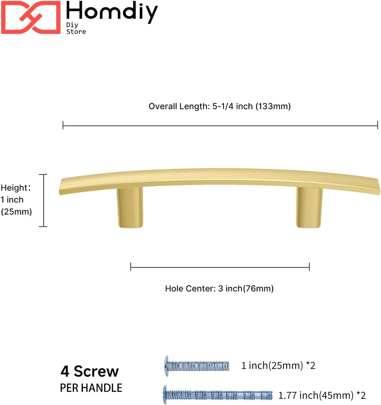 homdiy 5 Pack Brushed Gold Cabinet Handles Curved Gold Pulls for Kitchen Cupboard Brass Drawer Pulls 3 inch Hole Center Solid Zinc Alloy Cabinet Hardware