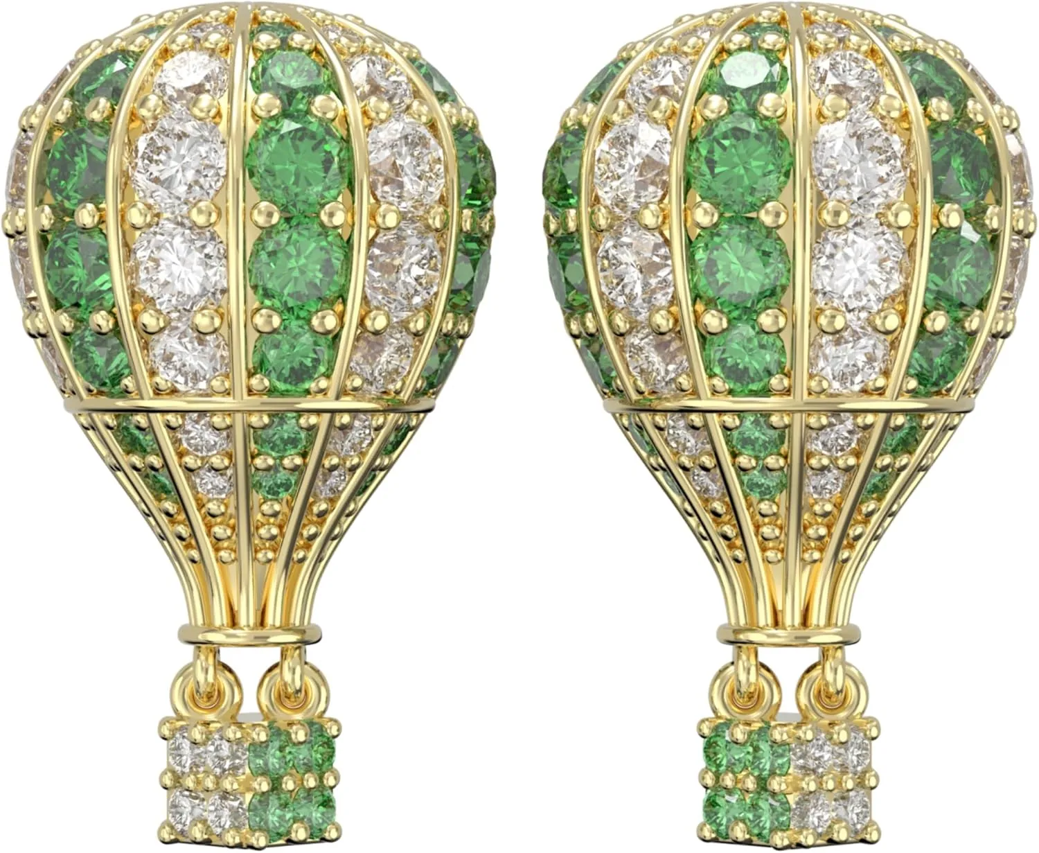 Hot Air Balloon Stud Earrings, Green and White Zircon, 925 Sterling Silver Posts