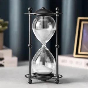 Hourglass Timer 30 Minute, Black Metal Frame Decorative Sand Timer (White Sand, Medium Size)