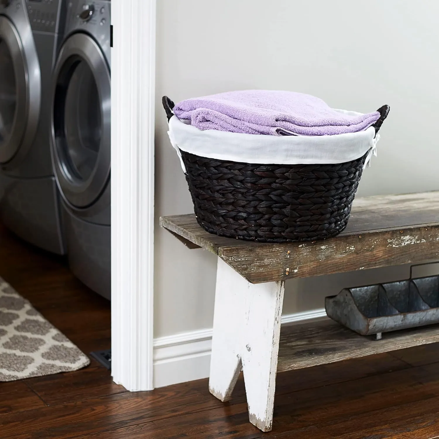 Household Essentials Round Wicker Laundry Basket with Handles, Whimsical Water Hyacinth Basket, Supportive Metal Frame, Removable Polyester Liner, Handwoven, Well-Structured and Versatile, Brown Large