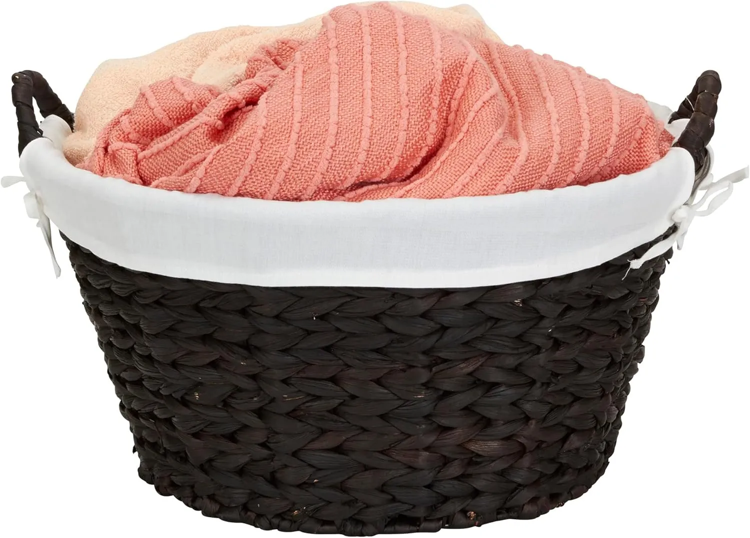 Household Essentials Round Wicker Laundry Basket with Handles, Whimsical Water Hyacinth Basket, Supportive Metal Frame, Removable Polyester Liner, Handwoven, Well-Structured and Versatile, Brown Large