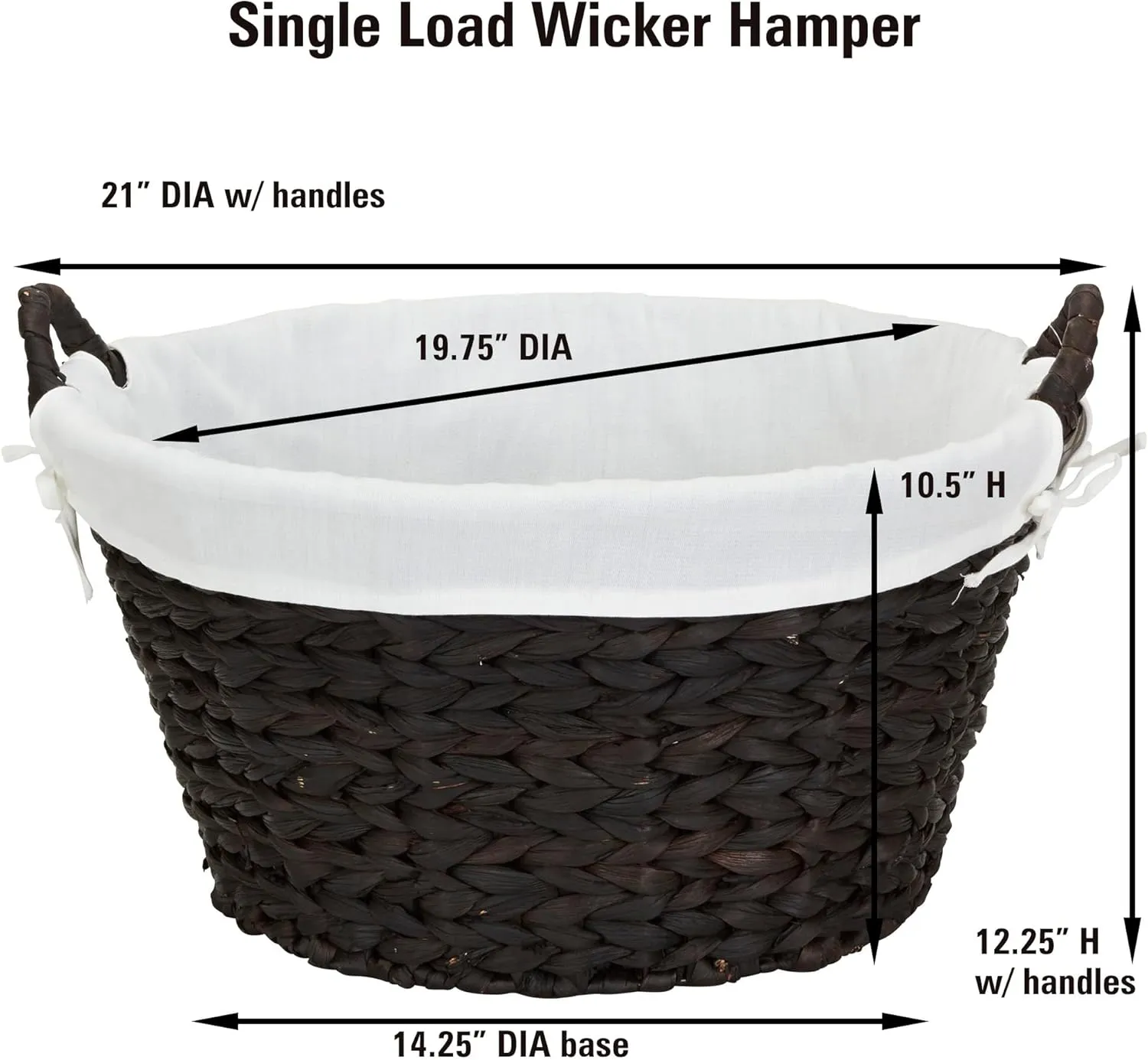 Household Essentials Round Wicker Laundry Basket with Handles, Whimsical Water Hyacinth Basket, Supportive Metal Frame, Removable Polyester Liner, Handwoven, Well-Structured and Versatile, Brown Large