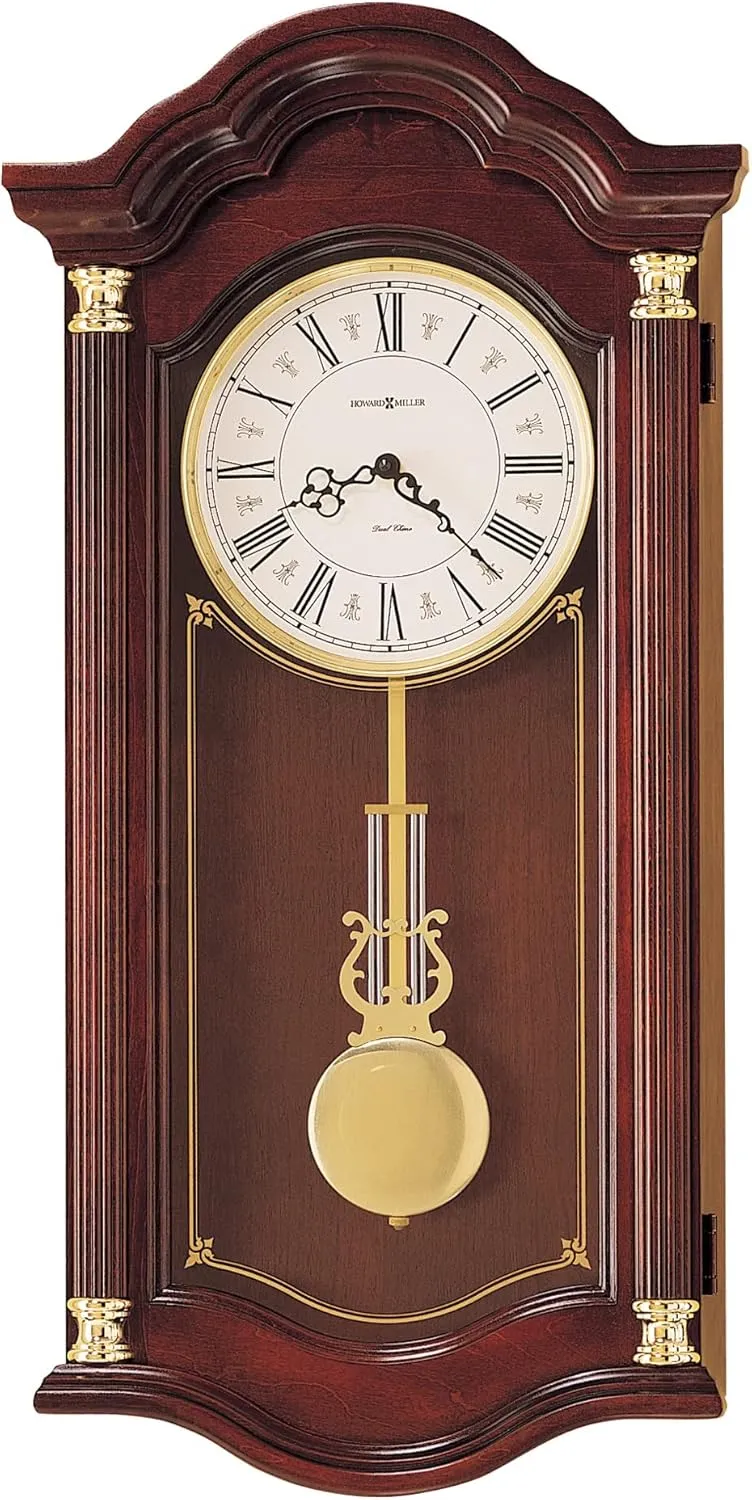 Howard Miller Lambourn I Wall Clock – Wooden Wall Clock Reeded Columns Serpentine Hands Brass Lyre Pendulum & Dual Chime Quartz Movement Wall Decor with Westminster Or Ave Maria Chimes