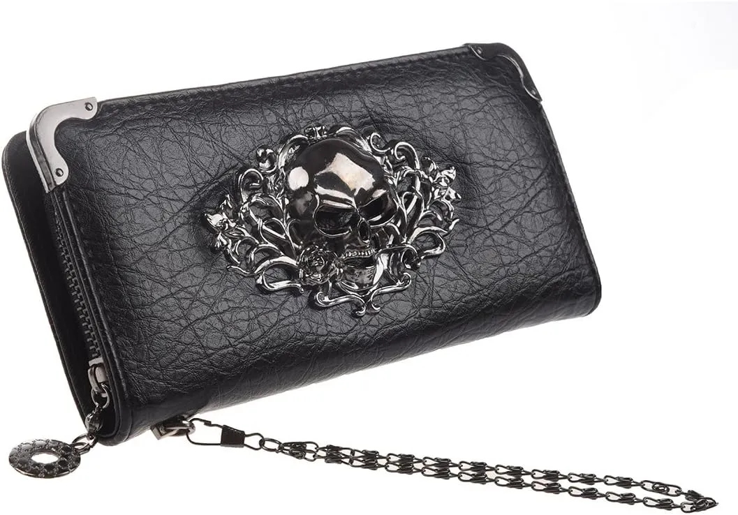 HOYOFO Skull Wallets for Women Zip Around Clutch with Credit Card Holder Phone Case Leather Long Goth Wallet Purse with Wristlet, Black
