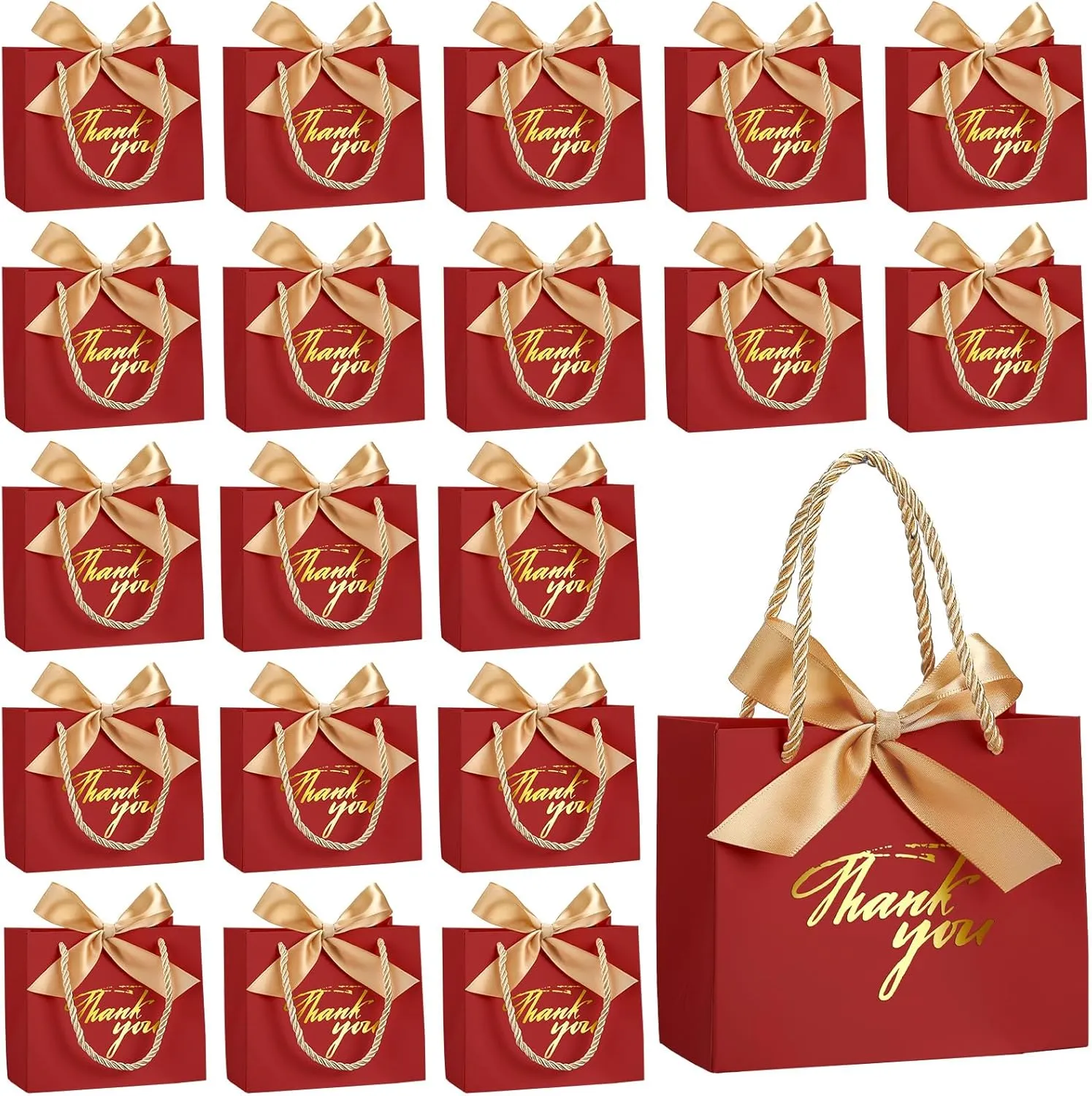 Hsei 40 Pcs Thank You Gift Bags with Handles 5.5 x 2.4 x 4.7 Inches Gold Foil Thank You Small Paper Bags Party Favor with Bow Ribbon Bulk for Christmas Wedding Birthday(Red)