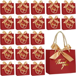 Hsei 40 Pcs Thank You Gift Bags with Handles 5.5 x 2.4 x 4.7 Inches Gold Foil Thank You Small Paper Bags Party Favor with Bow Ribbon Bulk for Christmas Wedding Birthday(Red)