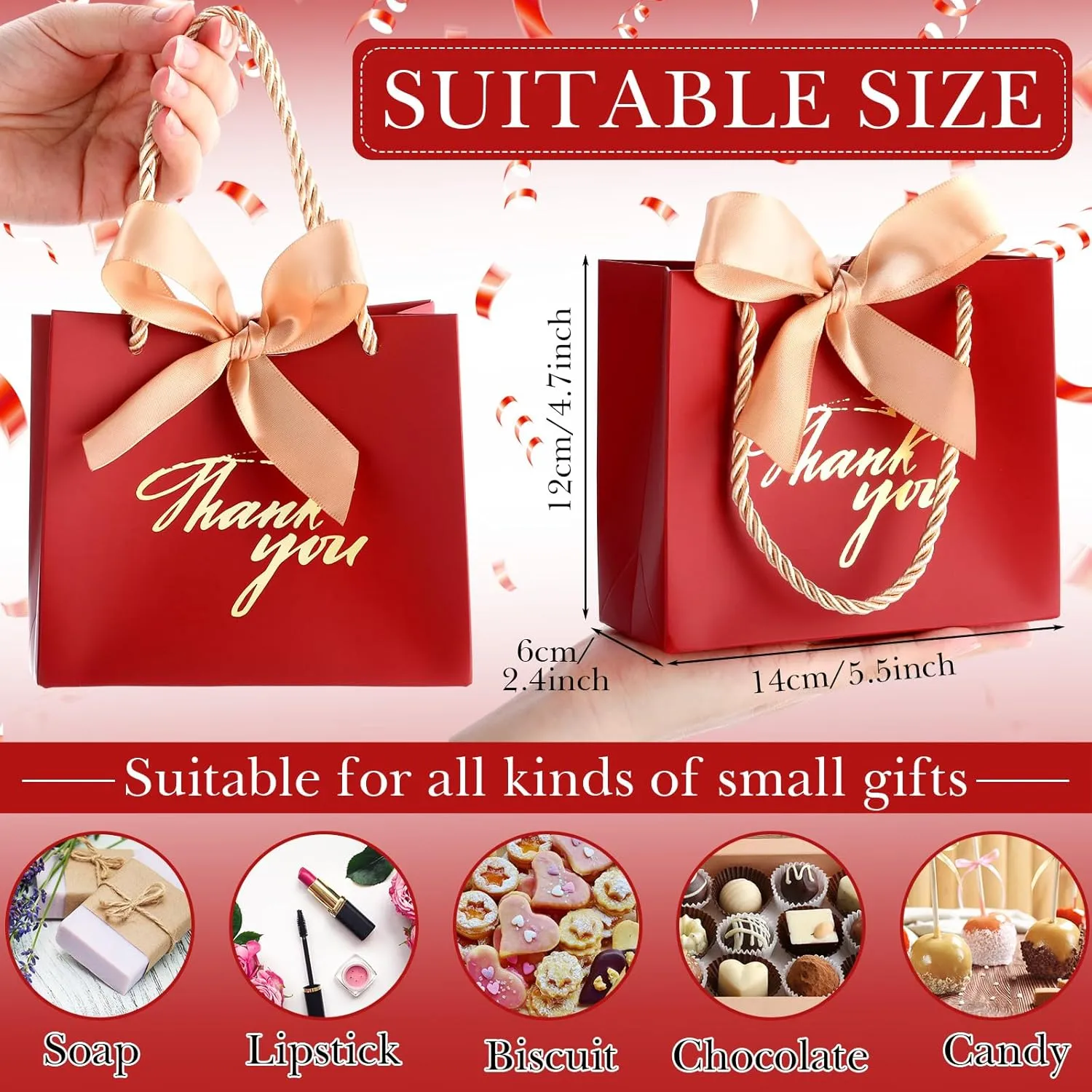 Hsei 40 Pcs Thank You Gift Bags with Handles 5.5 x 2.4 x 4.7 Inches Gold Foil Thank You Small Paper Bags Party Favor with Bow Ribbon Bulk for Christmas Wedding Birthday(Red)