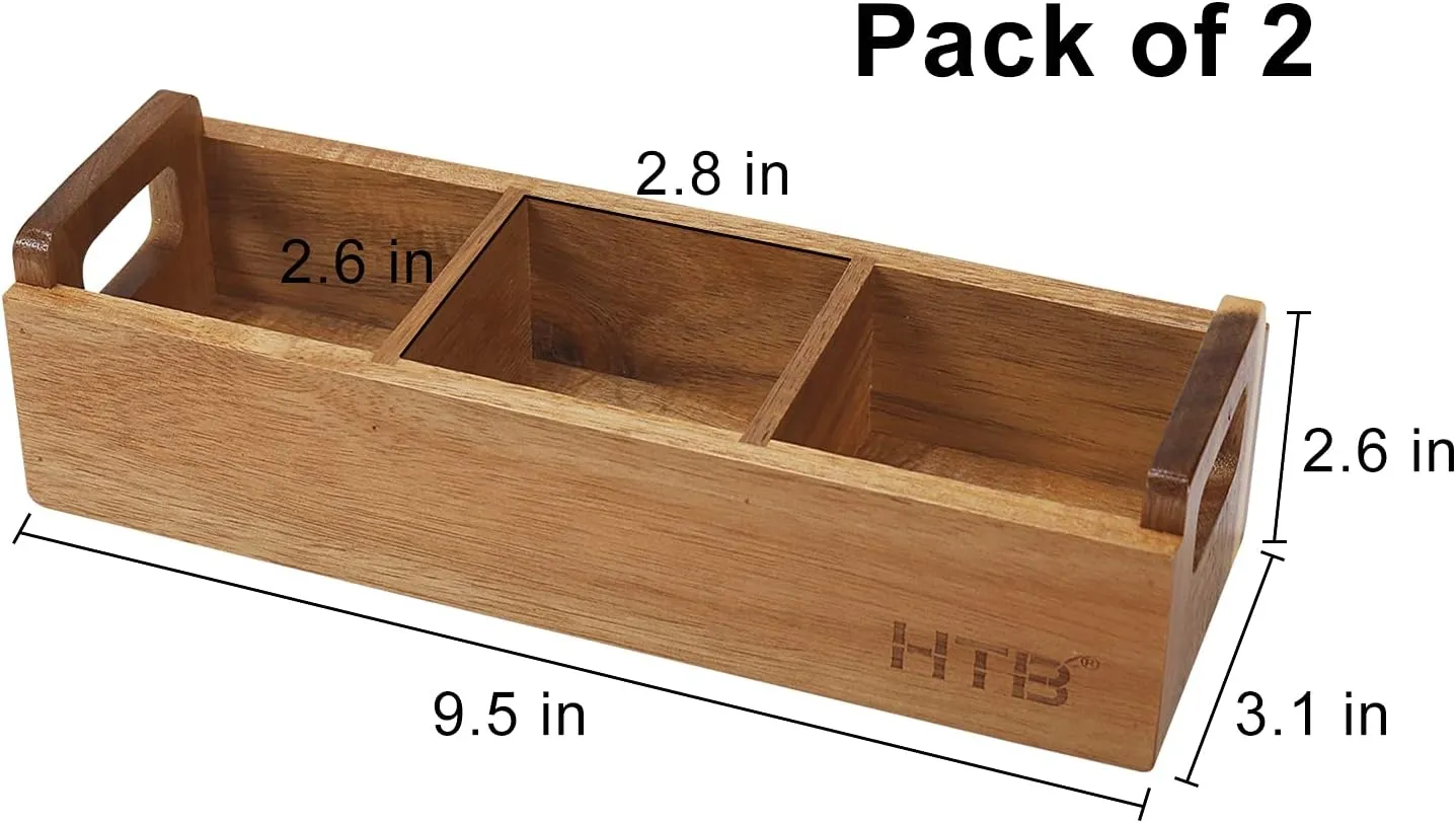 HTB Small Wooden Tea Bag Box 2PCS, 3 Compartments Acacia Wood Tea Bag Chest with Handle, Mini Countertop Divided Storage Container for Beverage Supplies, Sugar, Sweeteners, Individual Packets