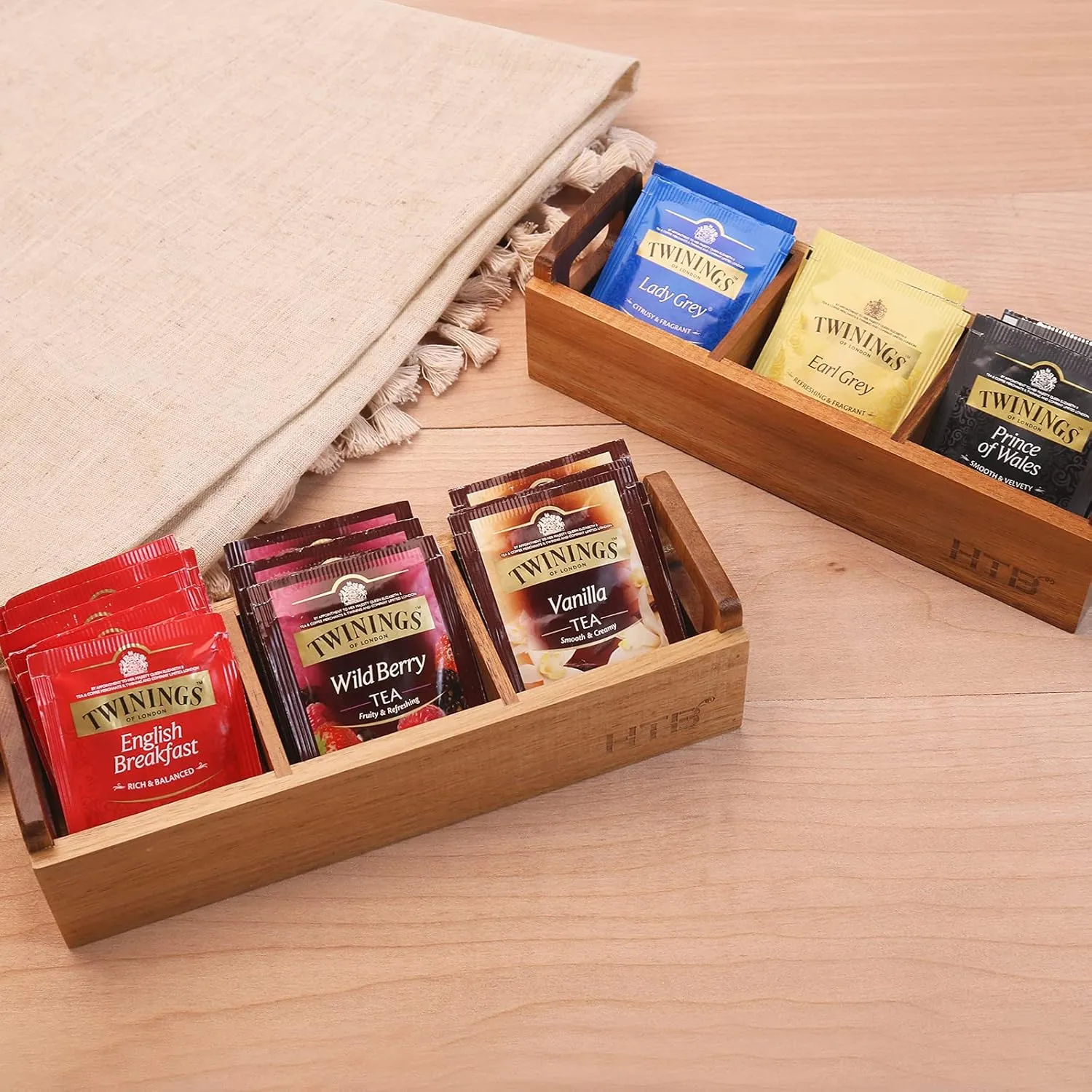 HTB Small Wooden Tea Bag Box 2PCS, 3 Compartments Acacia Wood Tea Bag Chest with Handle, Mini Countertop Divided Storage Container for Beverage Supplies, Sugar, Sweeteners, Individual Packets