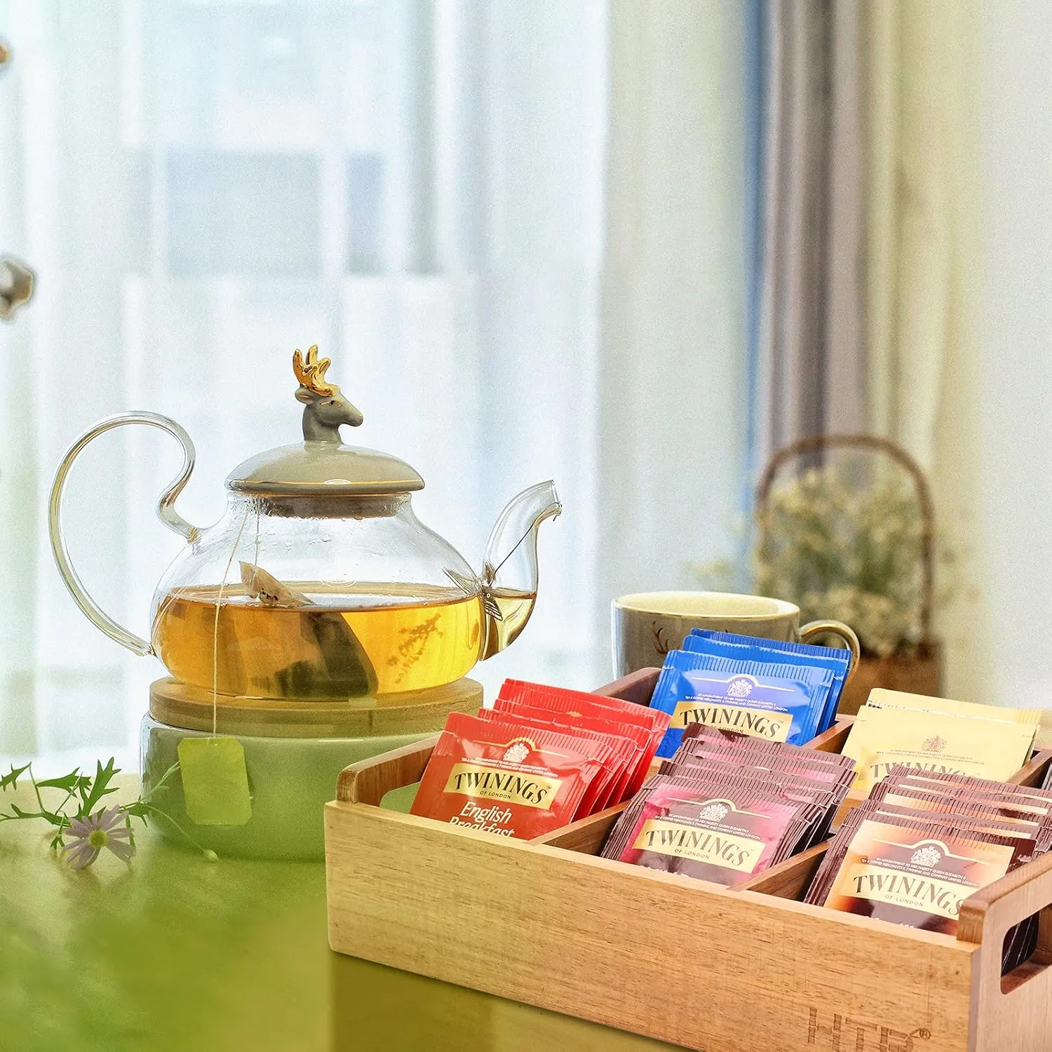 HTB Small Wooden Tea Bag Box 2PCS, 3 Compartments Acacia Wood Tea Bag Chest with Handle, Mini Countertop Divided Storage Container for Beverage Supplies, Sugar, Sweeteners, Individual Packets