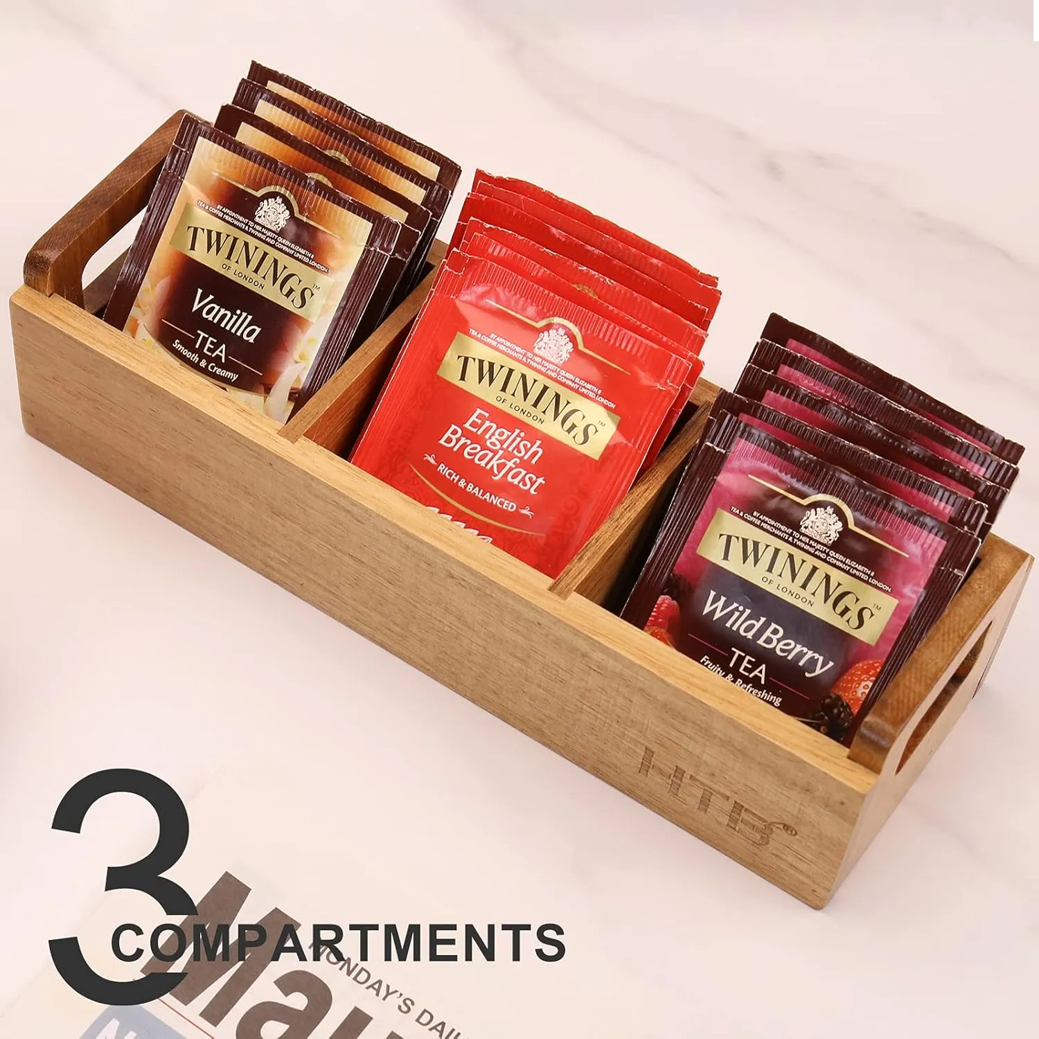 HTB Small Wooden Tea Bag Box 2PCS, 3 Compartments Acacia Wood Tea Bag Chest with Handle, Mini Countertop Divided Storage Container for Beverage Supplies, Sugar, Sweeteners, Individual Packets