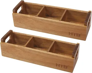 HTB Small Wooden Tea Bag Box 2PCS, 3 Compartments Acacia Wood Tea Bag Chest with Handle, Mini Countertop Divided Storage Container for Beverage Supplies, Sugar, Sweeteners, Individual Packets