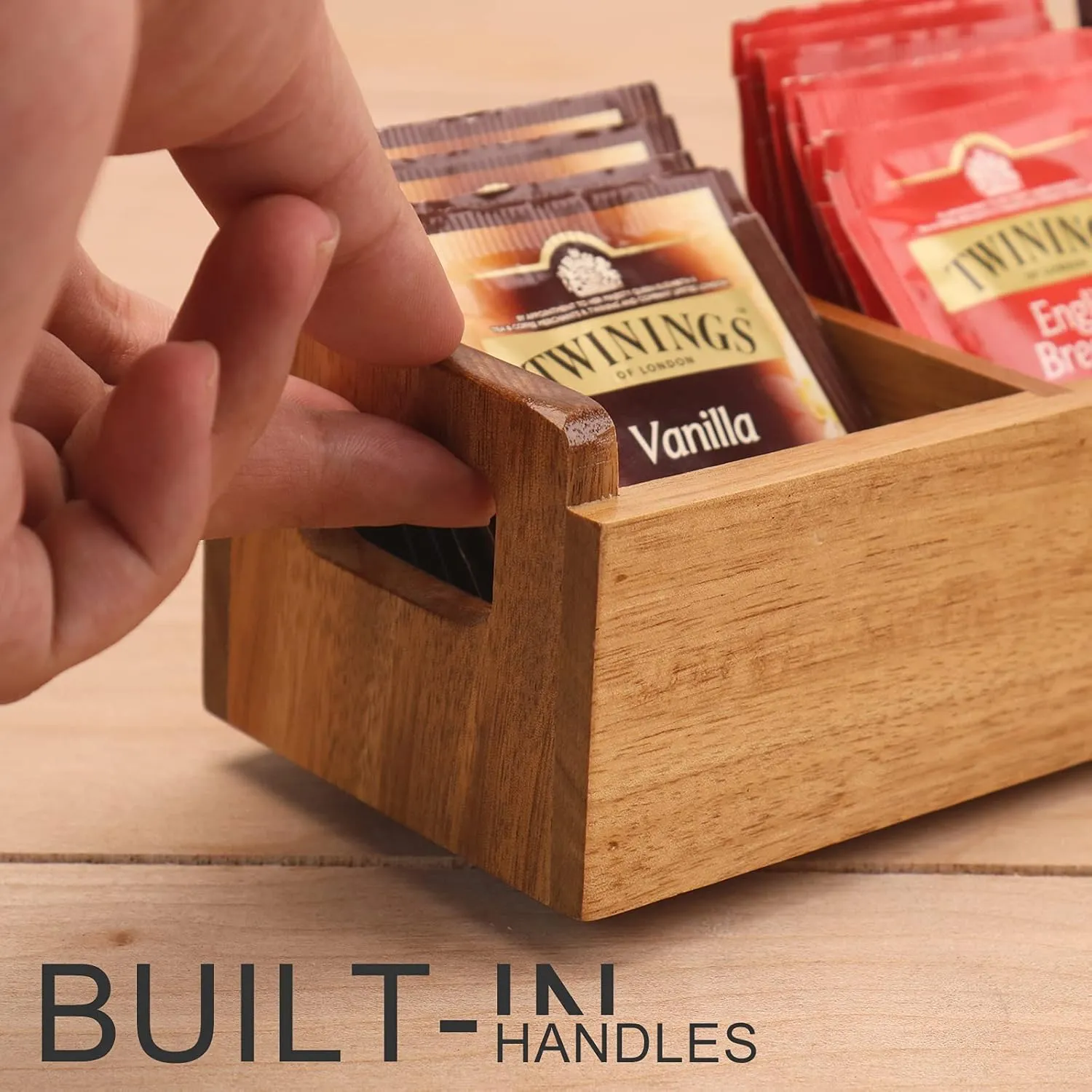HTB Small Wooden Tea Bag Box 2PCS, 3 Compartments Acacia Wood Tea Bag Chest with Handle, Mini Countertop Divided Storage Container for Beverage Supplies, Sugar, Sweeteners, Individual Packets