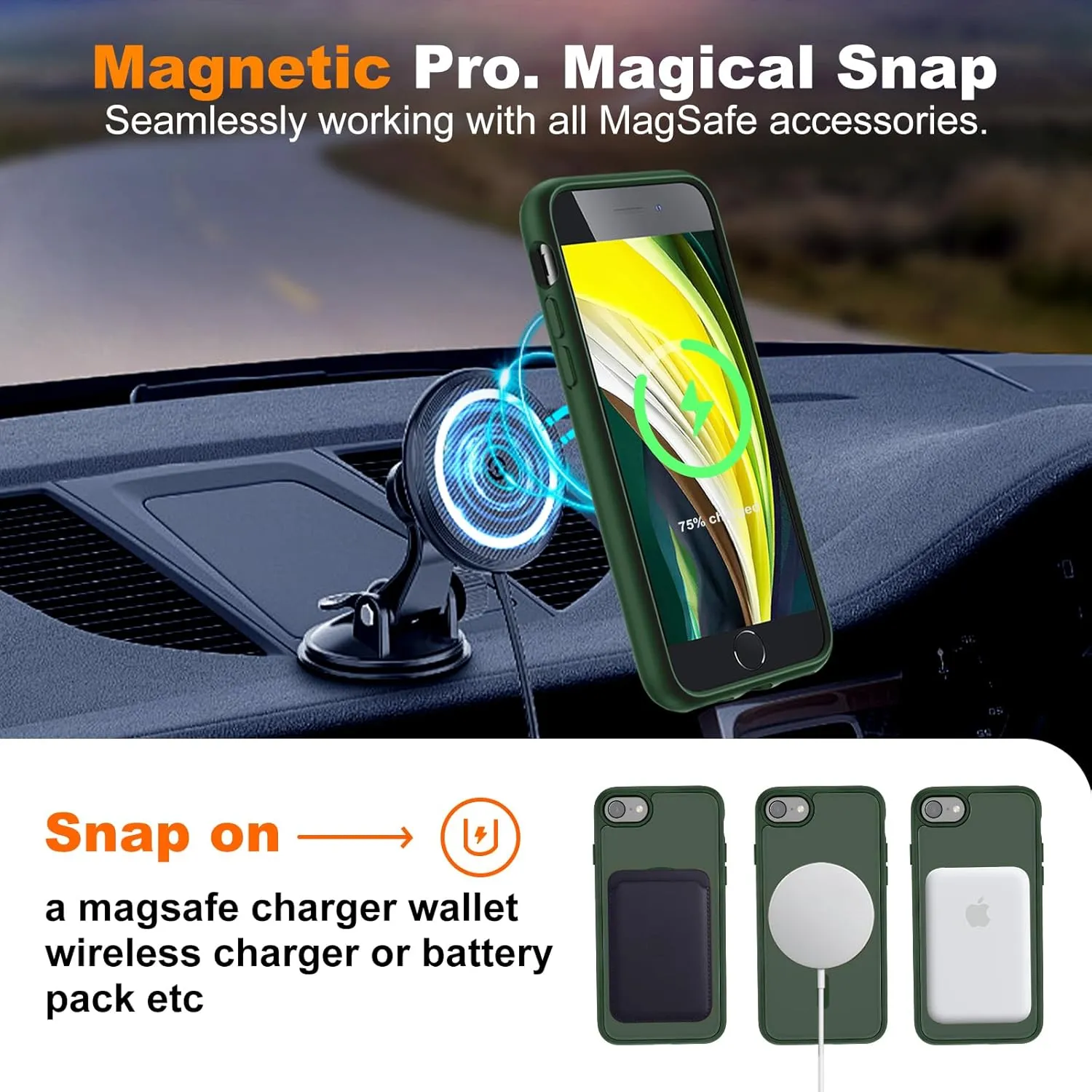 Hualele Magnetic for iPhone SE Case 2022/3rd/2020/2nd gen,iPhone 8/7 Case,Compatible with MagSafe, Military Grade Dropproof Translucent Matte Hard Back Soft Edge Slim Phone Case,Dark Green