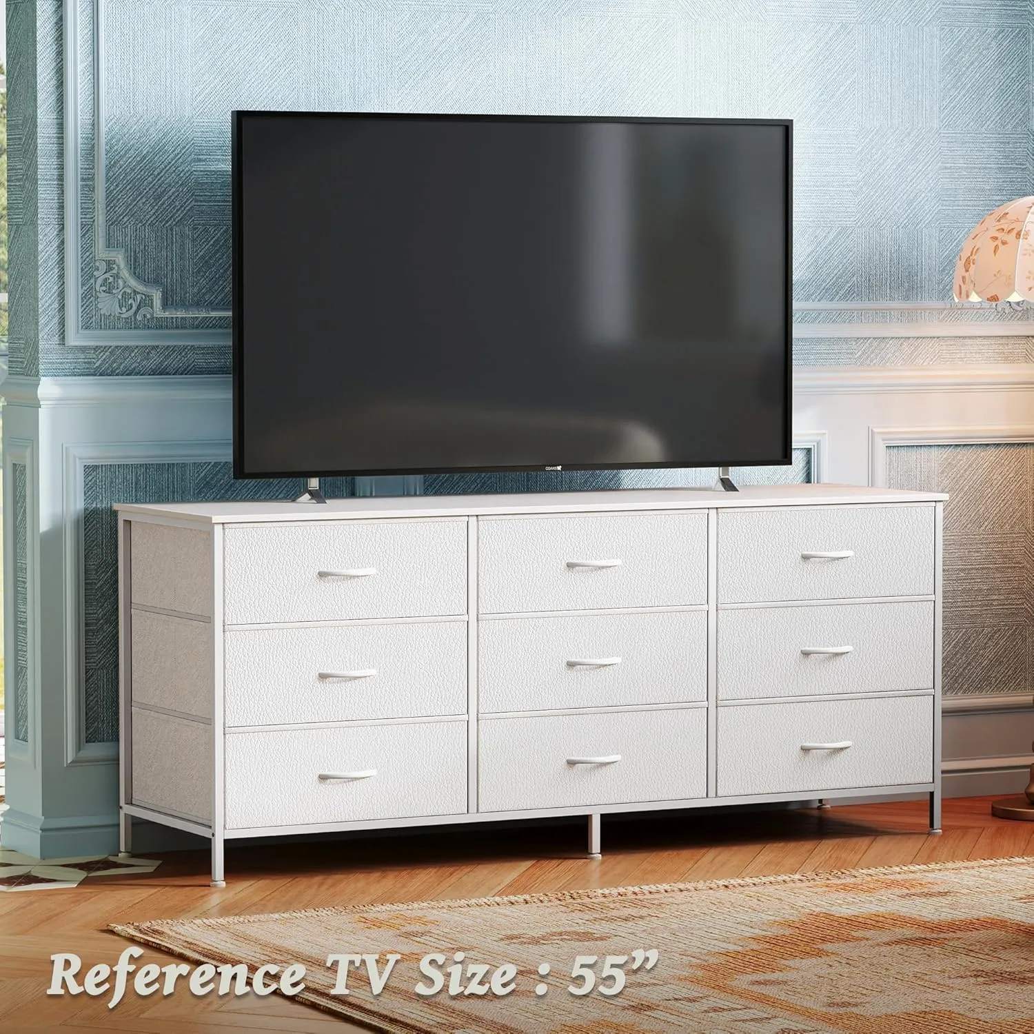 Huuger 9 Drawer Dresser, 55 Inch TV Stand for 55, 60 Inch TV, Entertainment Center with Drawers, Large Storage Fabric Dresser for Bedroom, Closet, White, PU Leather
