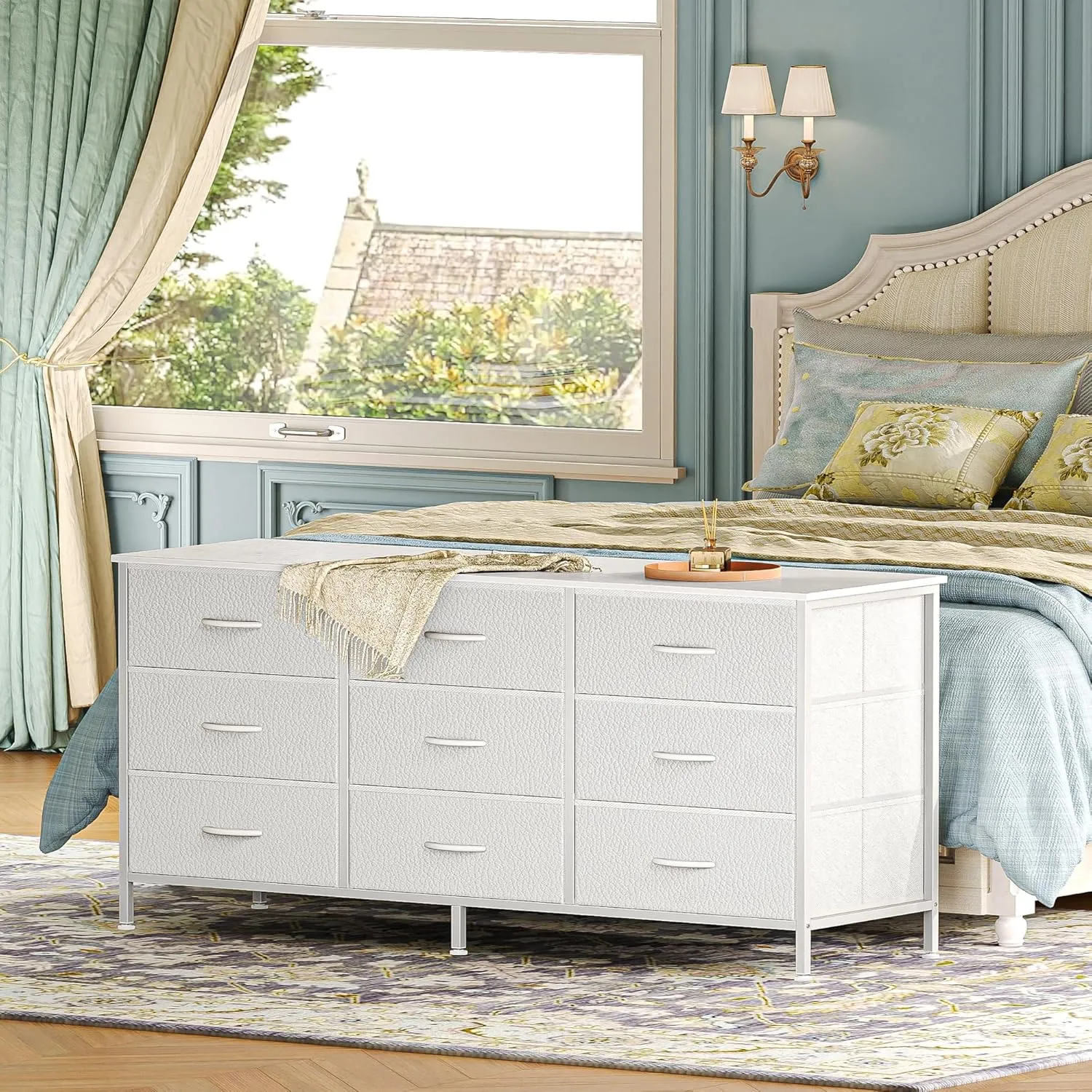 Huuger 9 Drawer Dresser, 55 Inch TV Stand for 55, 60 Inch TV, Entertainment Center with Drawers, Large Storage Fabric Dresser for Bedroom, Closet, White, PU Leather
