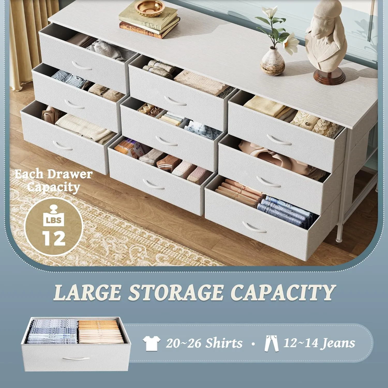 Huuger 9 Drawer Dresser, 55 Inch TV Stand for 55, 60 Inch TV, Entertainment Center with Drawers, Large Storage Fabric Dresser for Bedroom, Closet, White, PU Leather
