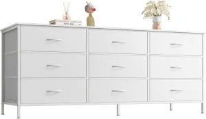 Huuger 9 Drawer Dresser, 55 Inch TV Stand for 55, 60 Inch TV, Entertainment Center with Drawers, Large Storage Fabric Dresser for Bedroom, Closet, White, PU Leather