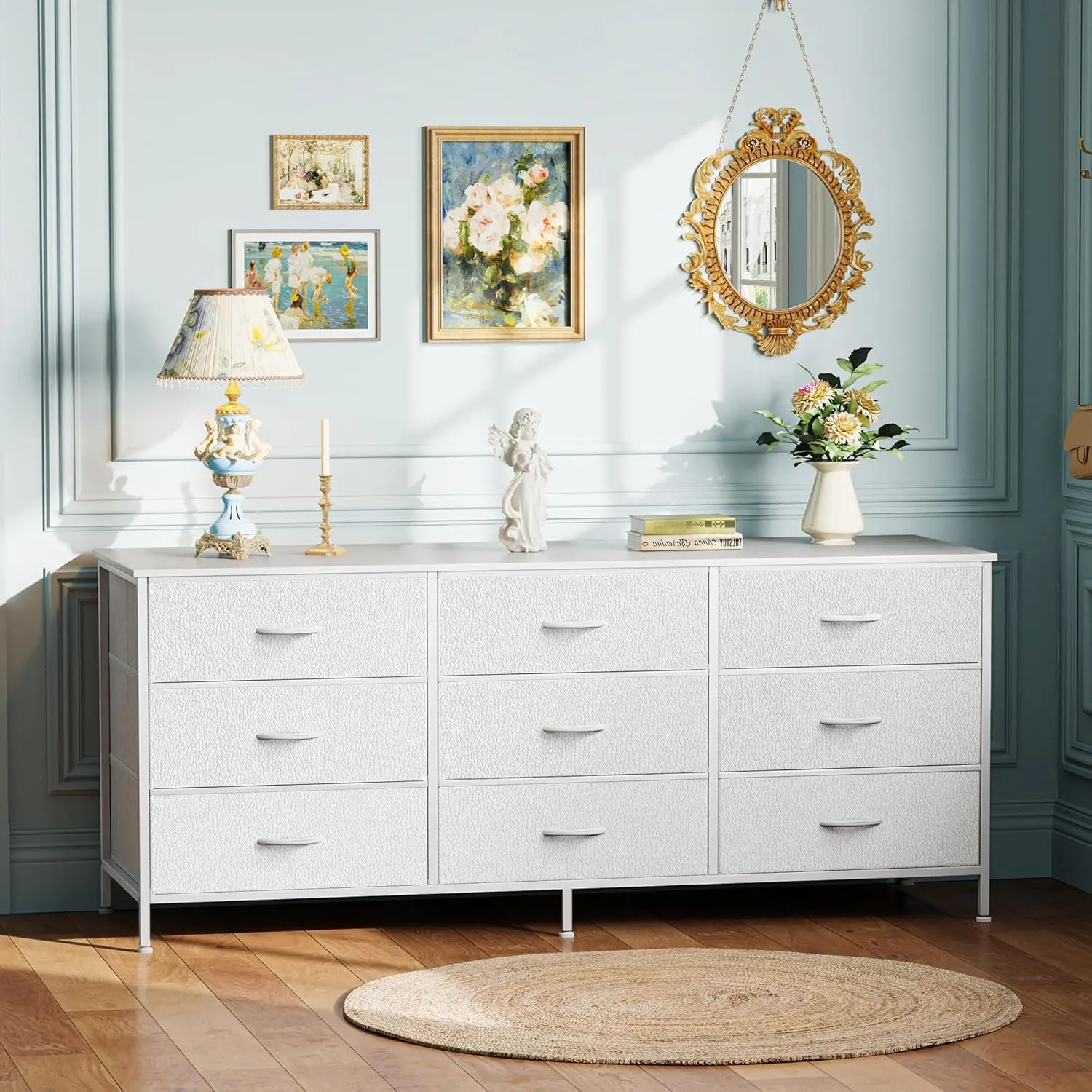 Huuger 9 Drawer Dresser, 55 Inch TV Stand for 55, 60 Inch TV, Entertainment Center with Drawers, Large Storage Fabric Dresser for Bedroom, Closet, White, PU Leather