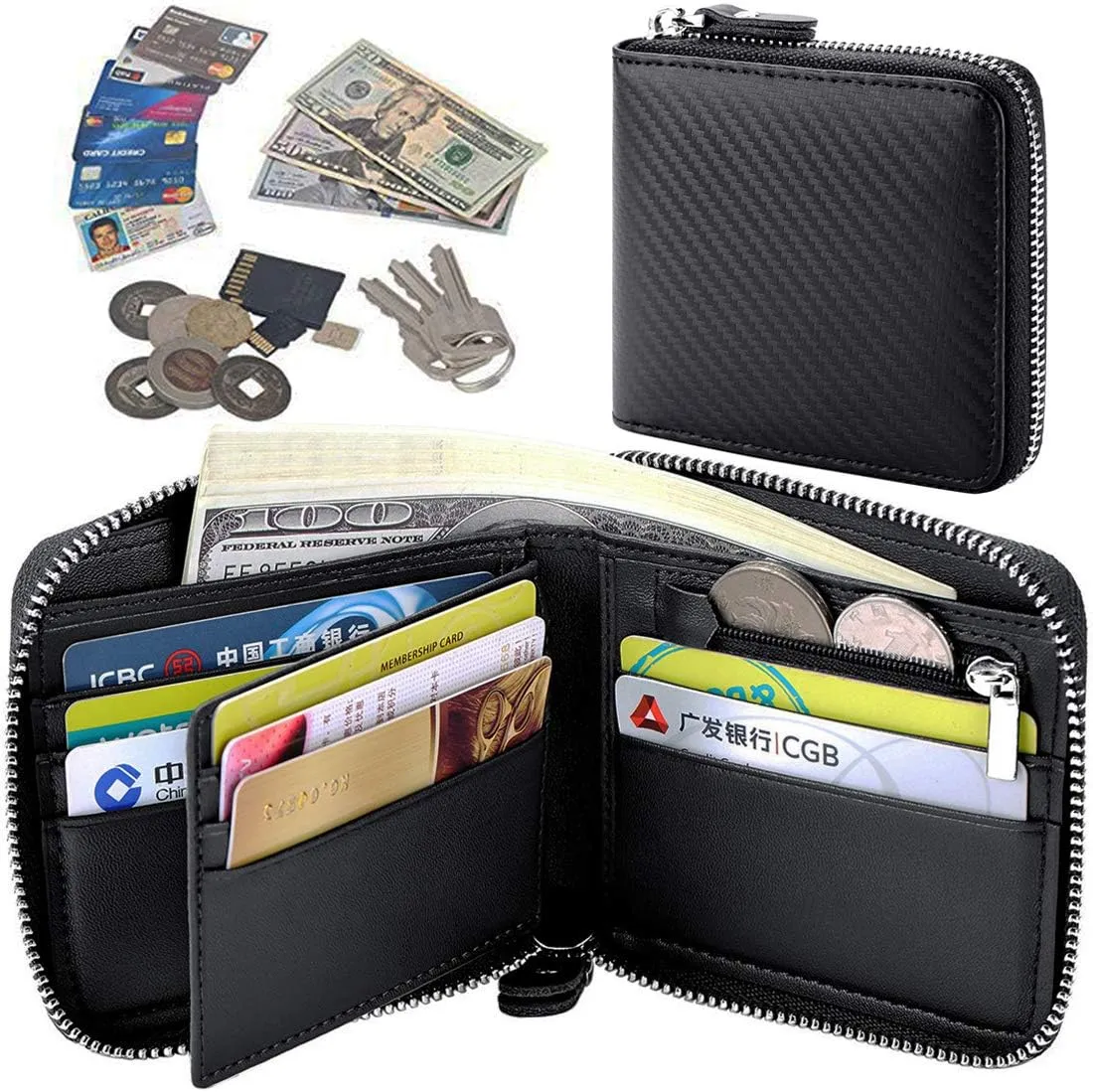 Huztencor Zipper Wallet Men RFID Blocking Leather Bifold Credit Card Wallets (FBA)