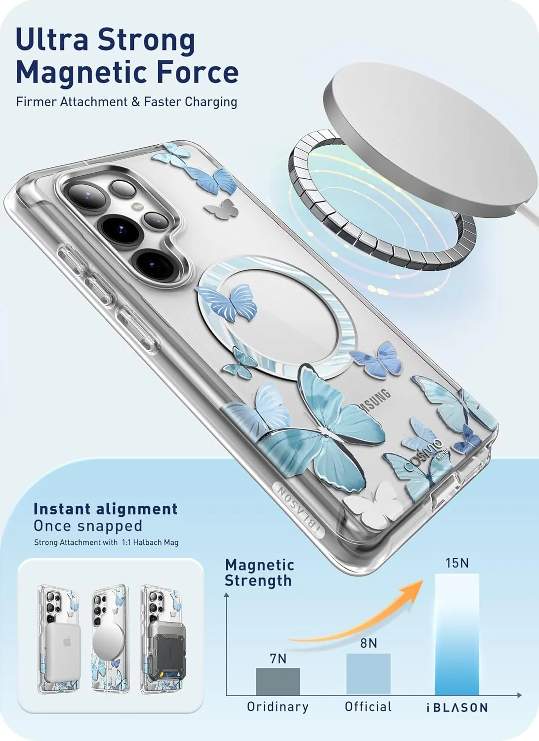 i-Blason Cosmo for Samsung Galaxy S25 Ultra Case MagSafe with Built-in Screen Protector [Support Fingerprint ID & Wireless Charger] Full-Body Slim Style Magnetic Phone Case for S25 Ultra, BlueFly