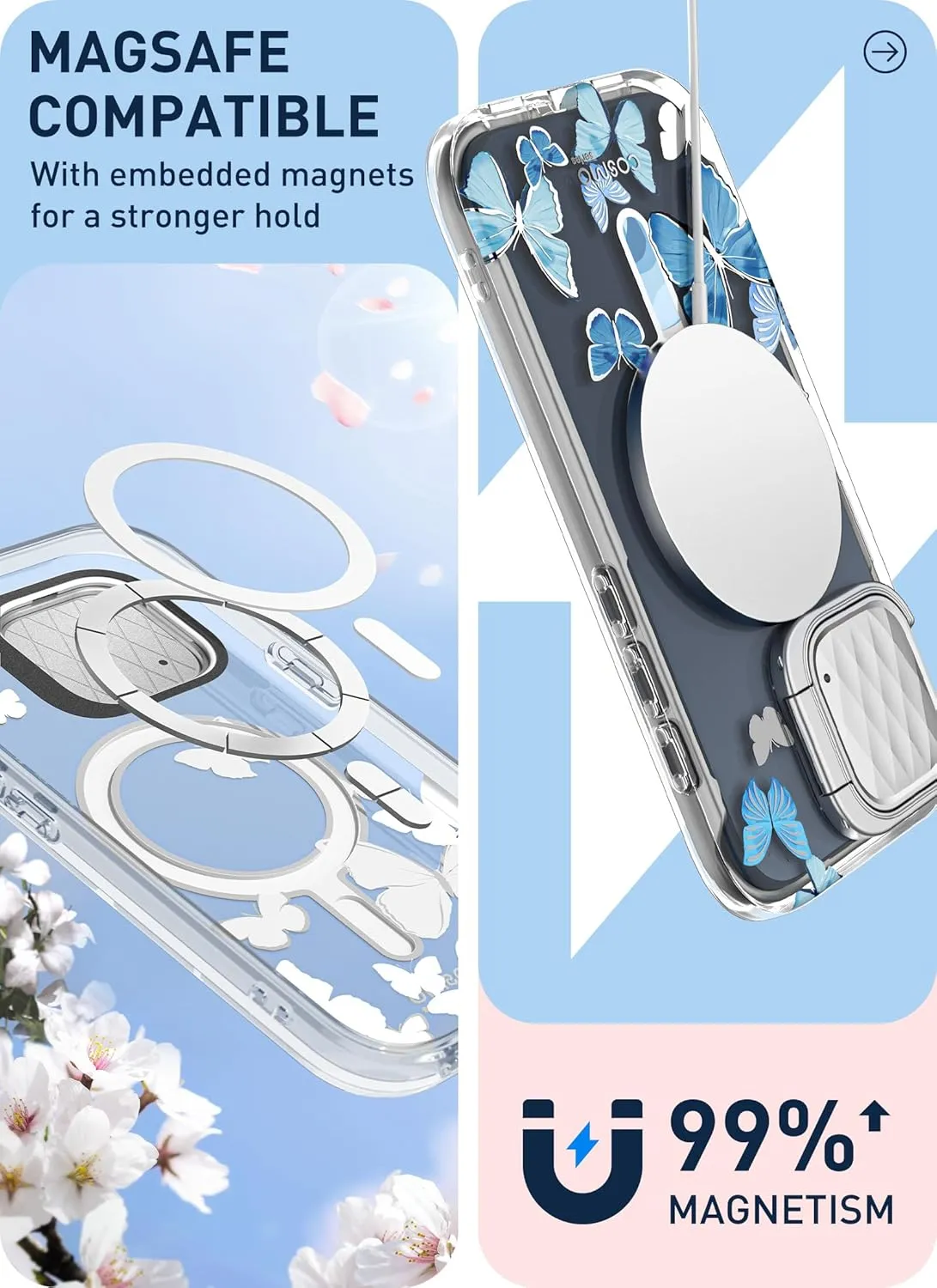 i-Blason Cosmo Magnetic for iPhone 15 Pro Max Case with Camera Cover Stand [MagSafe Compatible] Slim Full-Body Phone Case for iPhone 15 Pro Max with Built-in Screen Protector & Kickstand (Bluefly)